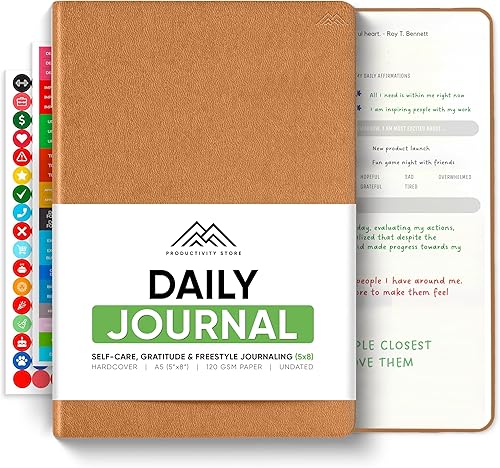Diario para hombres y mujeres - Diario de gratitud y diario de cuidado personal con indicaciones - Cuaderno de diario A5 - Marrón - Productivity