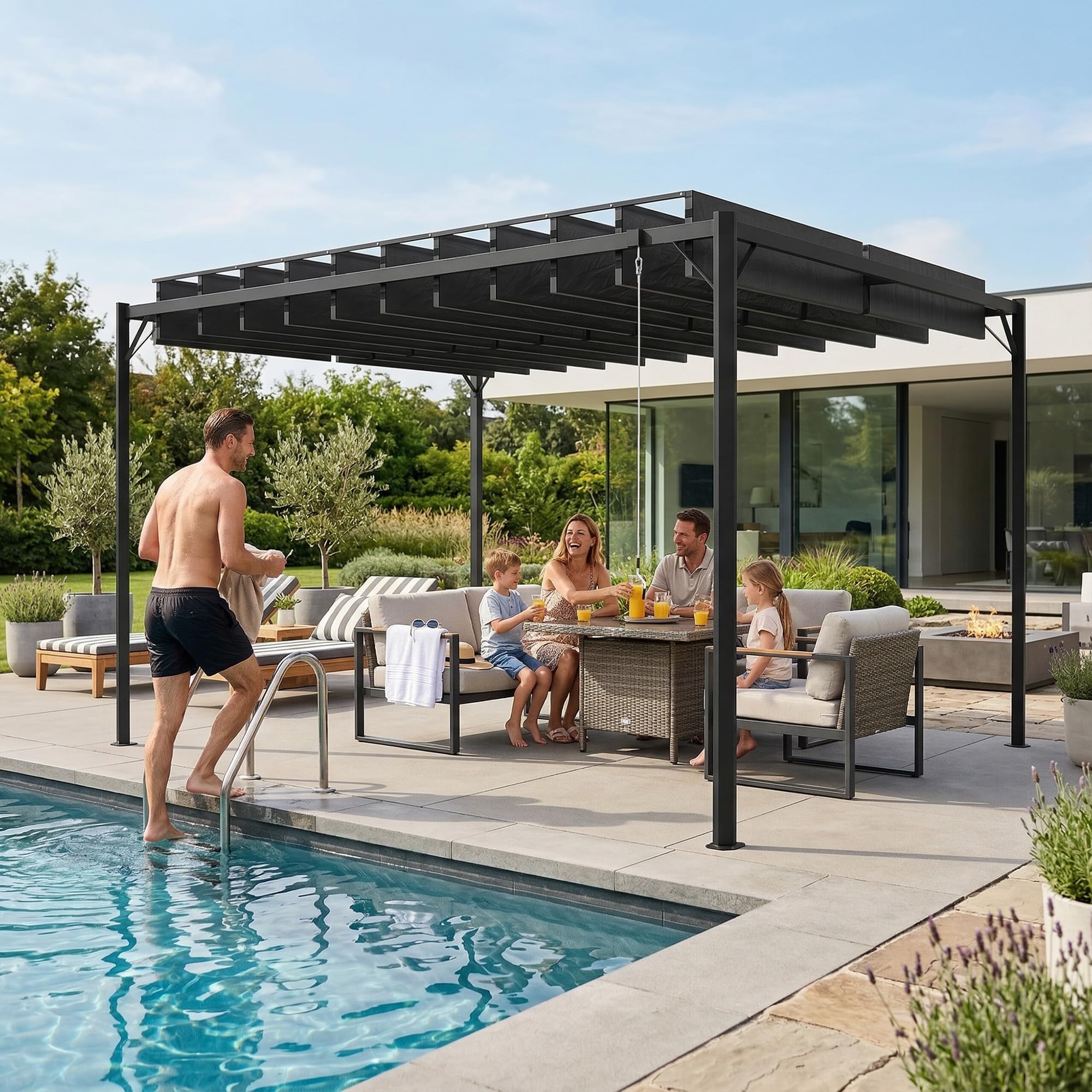 Outsunny Pérgola de Jardín 3x4 m, Cenador de Jardín con Techo de Lamas Orientables, Estructura de Metal, Protección UPF50+, Pabellón para Exterior, Patio, Terraza, Gris Oscuro