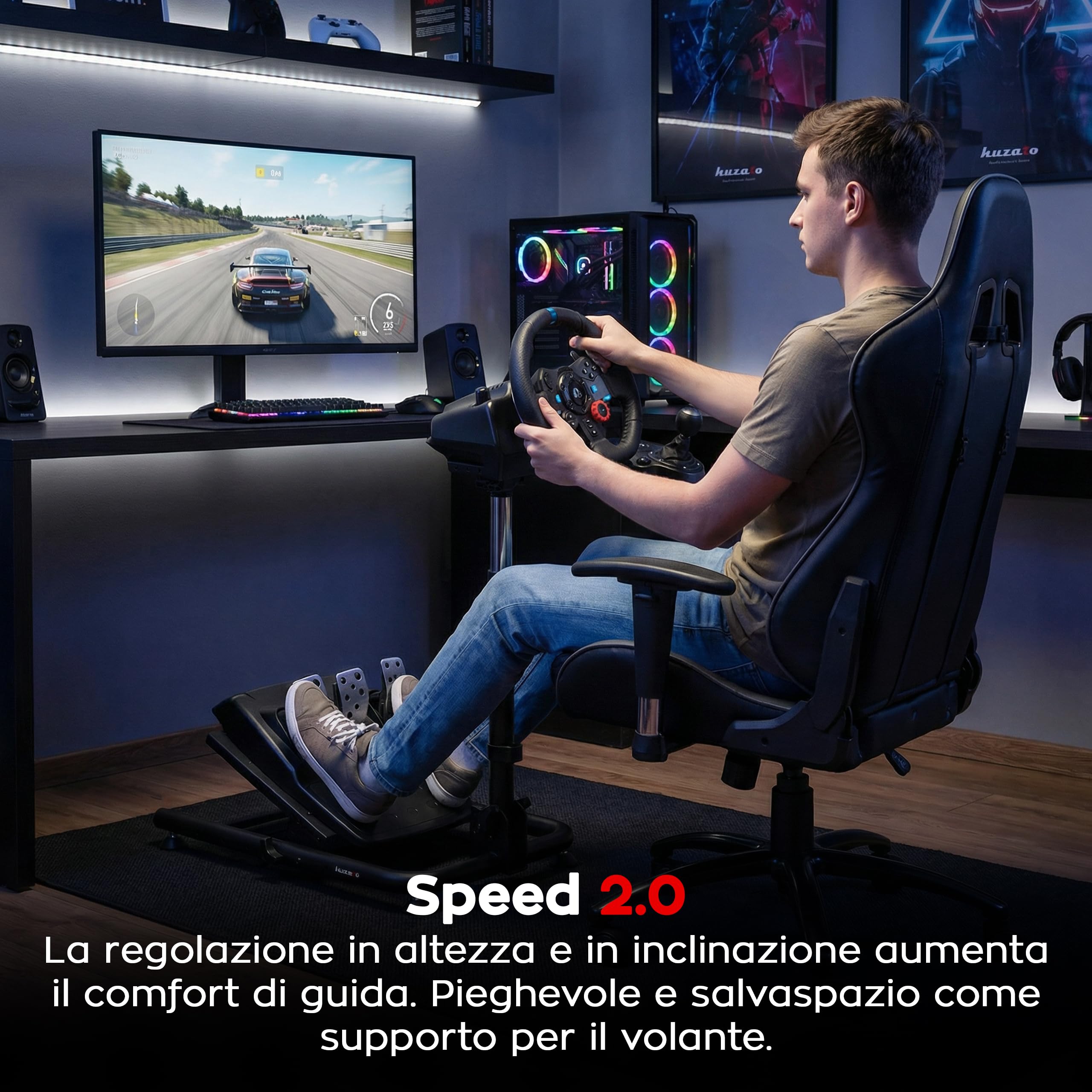 Huzaro Speed 2.0 Supporto Volante Logitech G29, Thrustmaster e Fanatec – Postazione Simulatore Guida Regolabile – Supporto per Volante PS5, PS4 e PC, Wheel Stand Pieghevole Salvaspazio - Nero