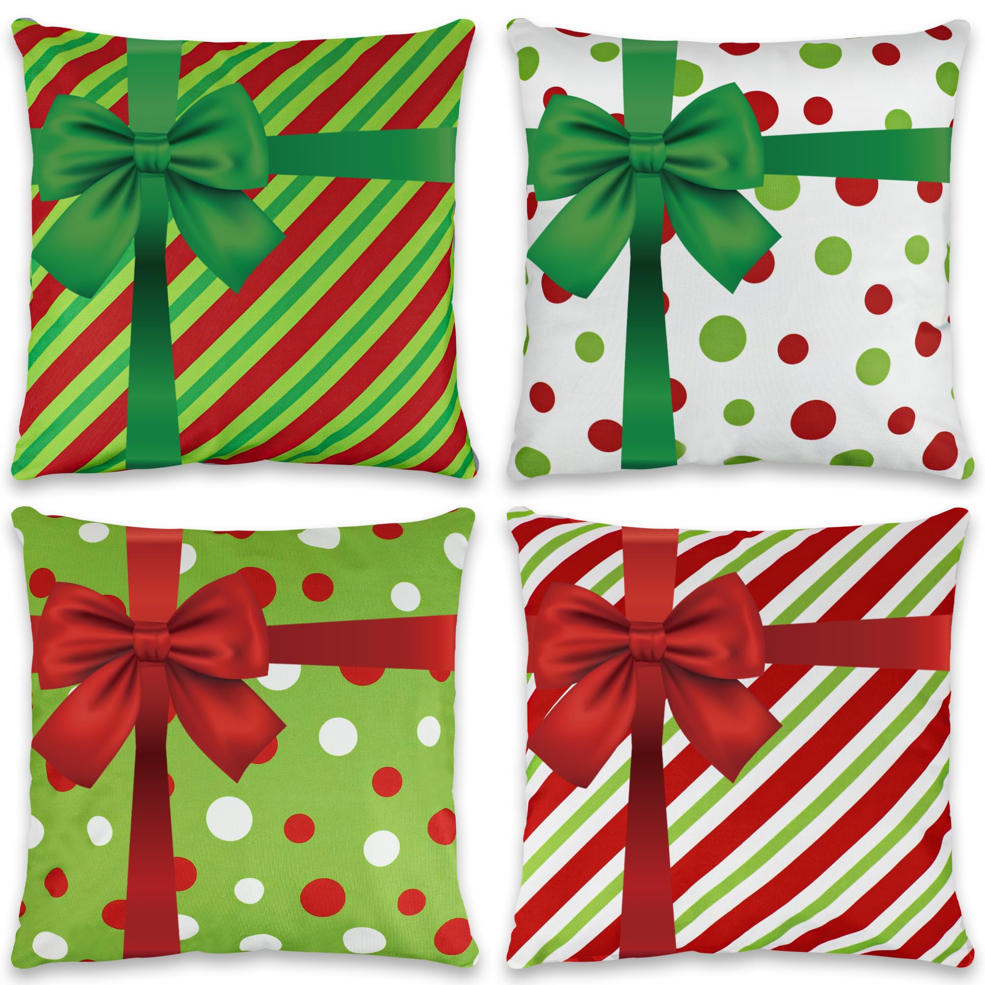 peony man Christmas Pillow Covers 18 x 18 Inch 3D Bows Throw Pillow Cases Outdoor Christmas Red Green Dot Stripe Decorative Cushion Covers for Sofa