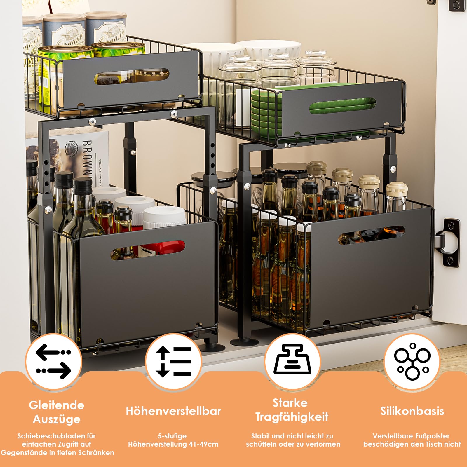 Dreamhigh® Küchenschrank Organizer Ausziehbar, Unterschrank Organizer mit Doppelschicht Teleskopschublade, Base Cabinet Organiser Küche Ausziehbar Höhenverstellbar, für Spüle & Bad (Schwarz)