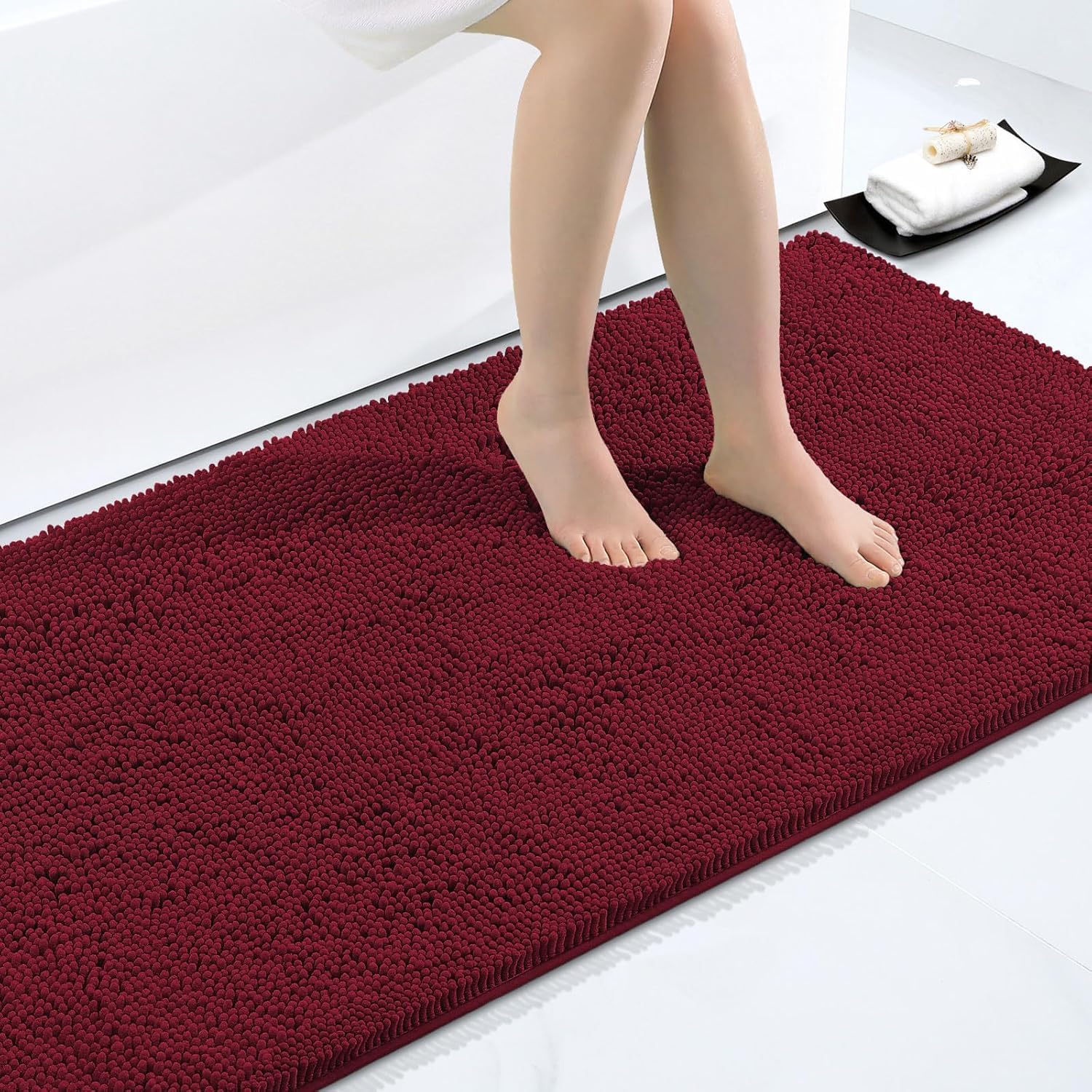 Homaxy Alfombrilla de baño antideslizante de chenilla, alfombra de baño de microfibra, alfombra de baño absorbente, pelo alto, 60 x 120 cm, color rojo vino