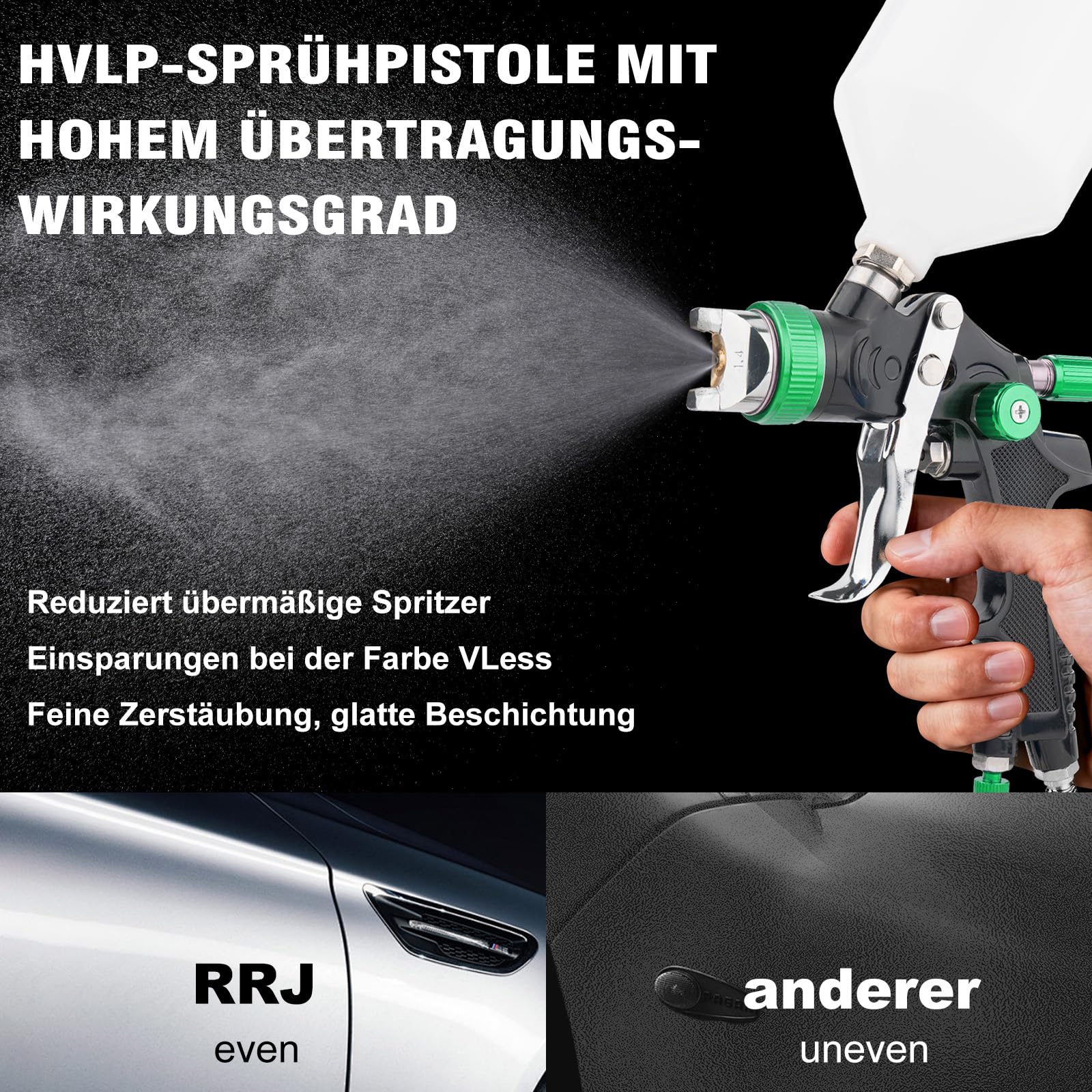 HVLP Lackierpistole Spritzpistole Kit mit 1,4/1,7/2,5mm, Farbspritzpistole Profi Lackierpistole Druckluft Schwerkraft Sprühgeräte mit 600 ml Plastikbecher Luftdruckregler für Autos & Haus (Grün)