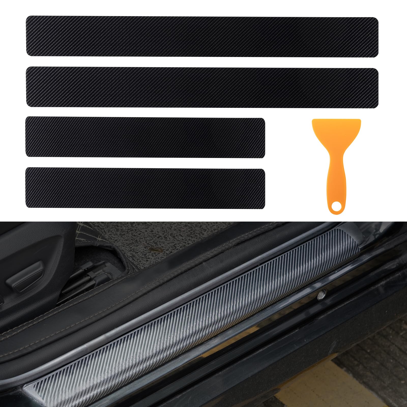 Rislobx Car Door Sill Guard Protector, 4PCS Car Door Step Covers, Carbon Fiber Anti-Scratch Door Entry Guard Paint Protective Film, Front Rear Door Strips Sticker Trim for Car, SUV, Truck (Black)