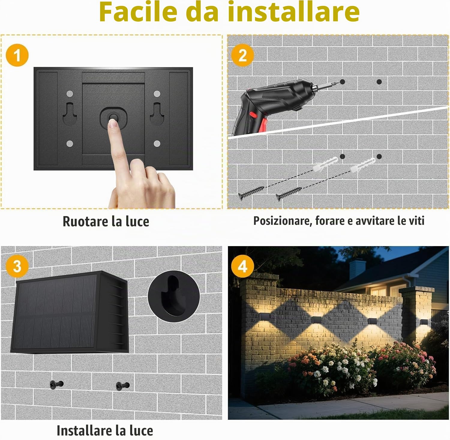T-SUN 4 Pezzi Applique Solare da Esterno Nero, Luce Calda 3000K Applique da Parete Esterno, Moderno Up Down Lampada da Parete, IP65 Impermeabile, per Giardino Recinzione Garage Scala Porta D'ingresso