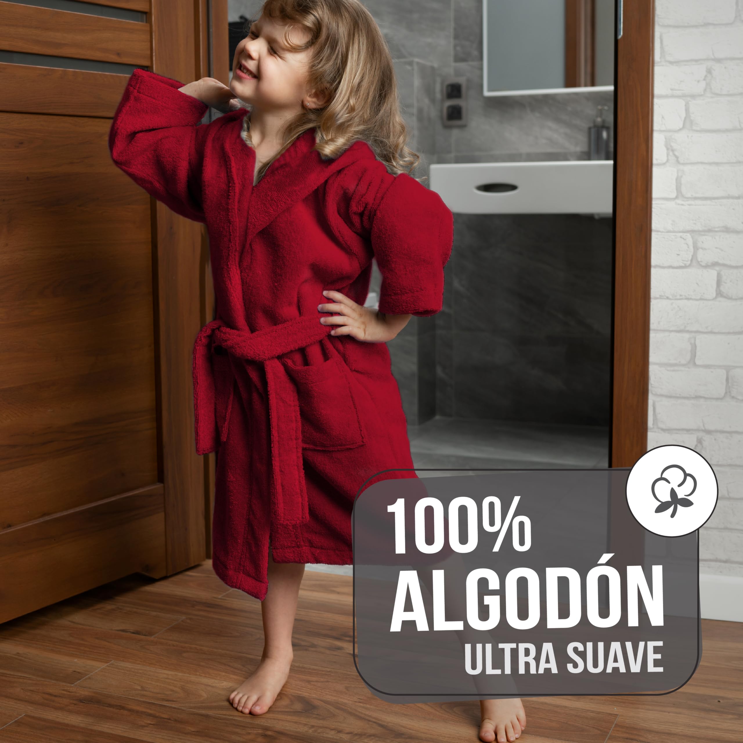 Albornoz Niños Algodón OEKO-TEX® Bata de Baño 2 Bolsillos Cinturón Capucha
