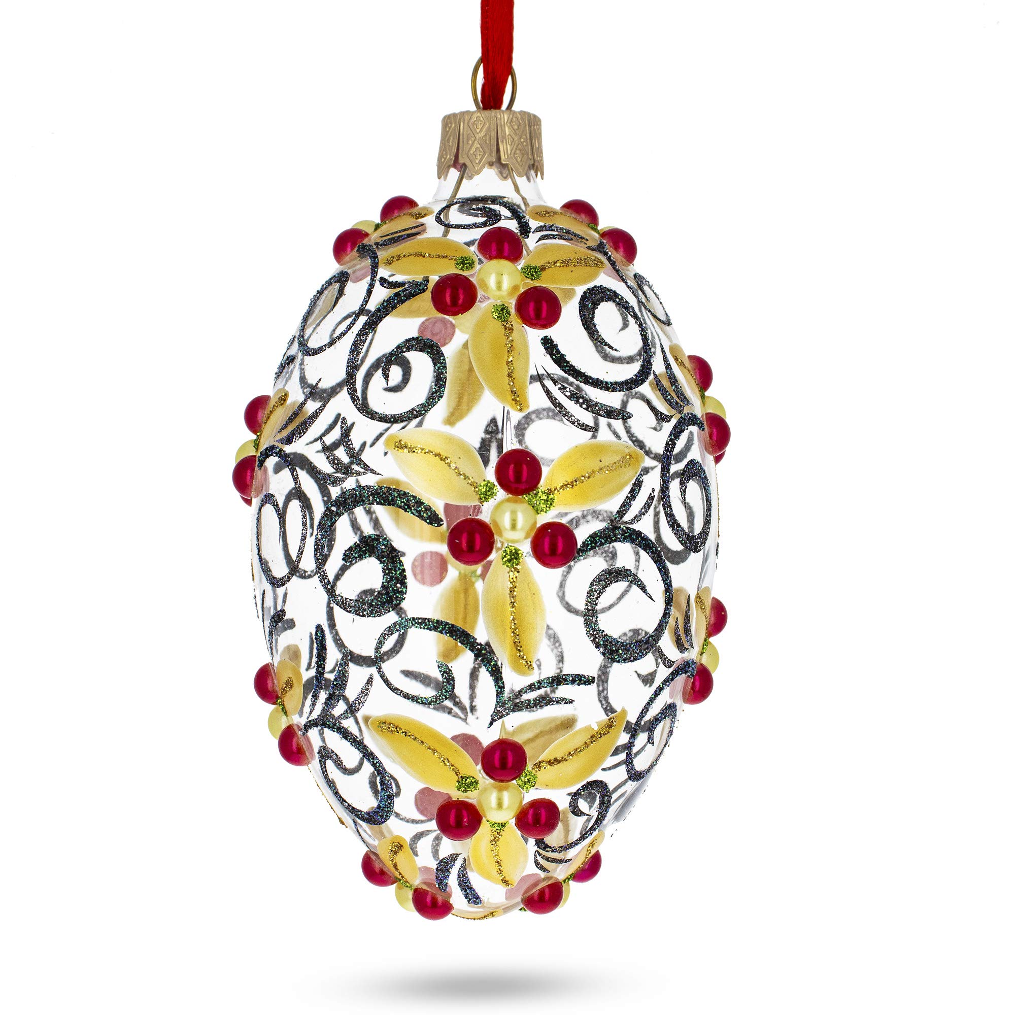 Œuf en verre décoratif transparent motif baies rouges ornement suspendu