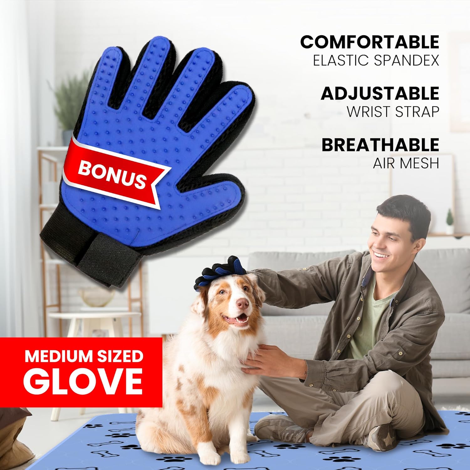 Buddy's Best Washable Pee Pads for Dogs - Medium (34"x36") - Ultra-Absorbent, Non-Slip, Ideal for Playpens, Training, Incontinence - (2-Pack) + Bonus Grooming Glove