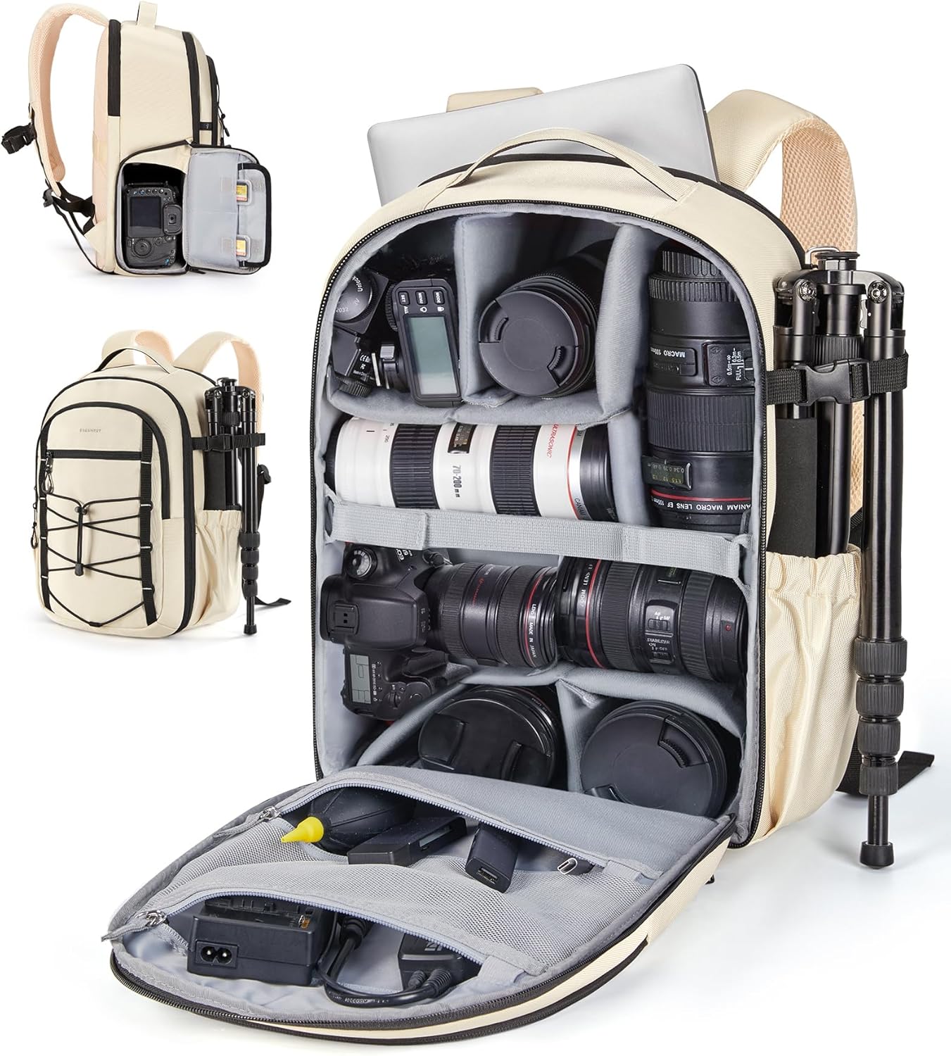 BAGSMART Professional Camera Backpack for DSLRs, Protective Camera Bag with Tripod Holder, Rain Cover & 17" Laptop Compartment, Drone Backpack, Beige