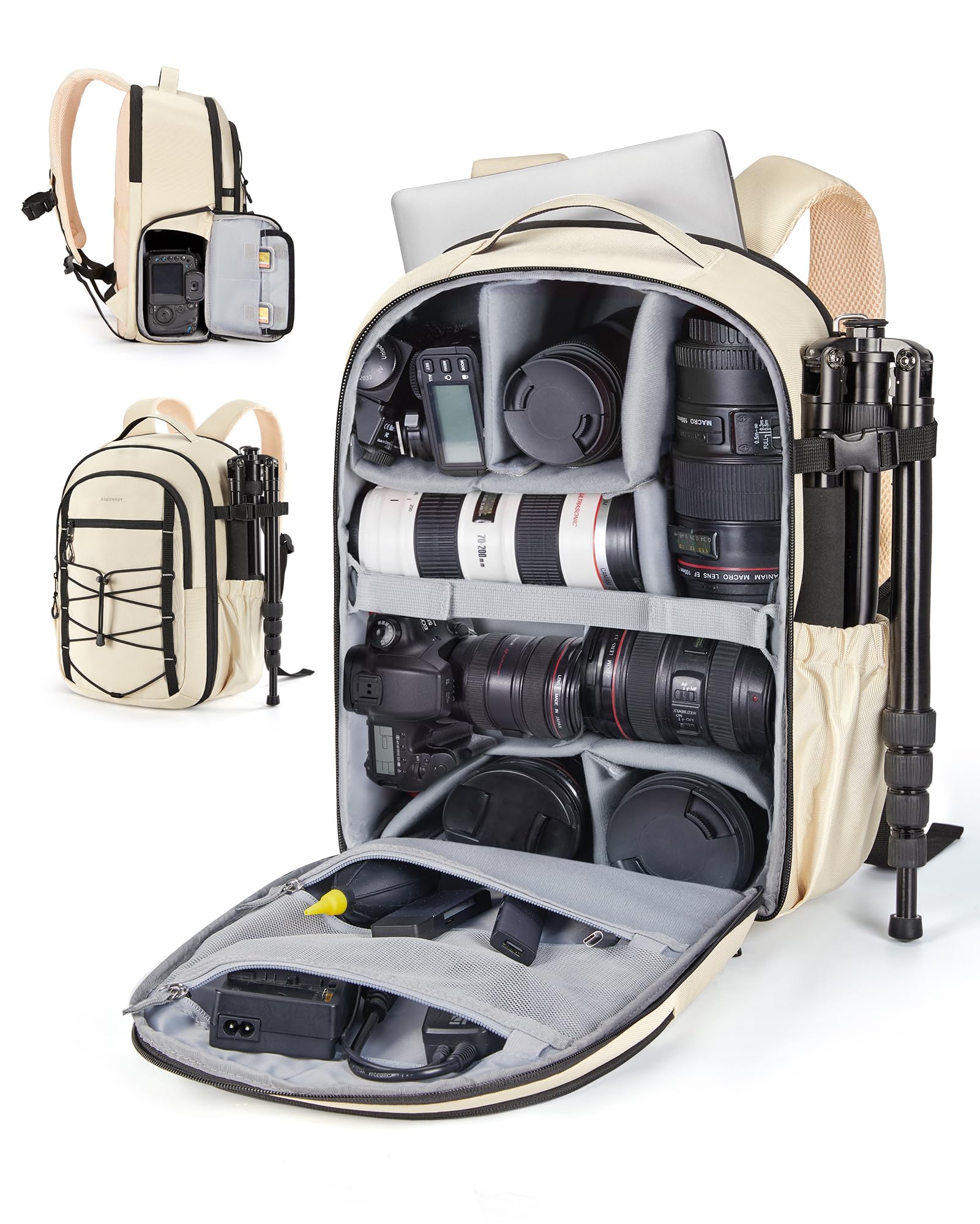 BAGSMART Professional Camera Backpack for DSLRs, Protective Camera Bag with Tripod Holder, Rain Cover & 17" Laptop Compartment, Drone Backpack, Beige