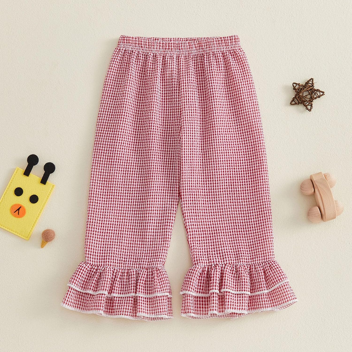 Kids Toddler Girls Ruffle Flare Pants Casual Gingham Plaid Seersucker Pants Elastic Waist Loose Bottoms Trousers