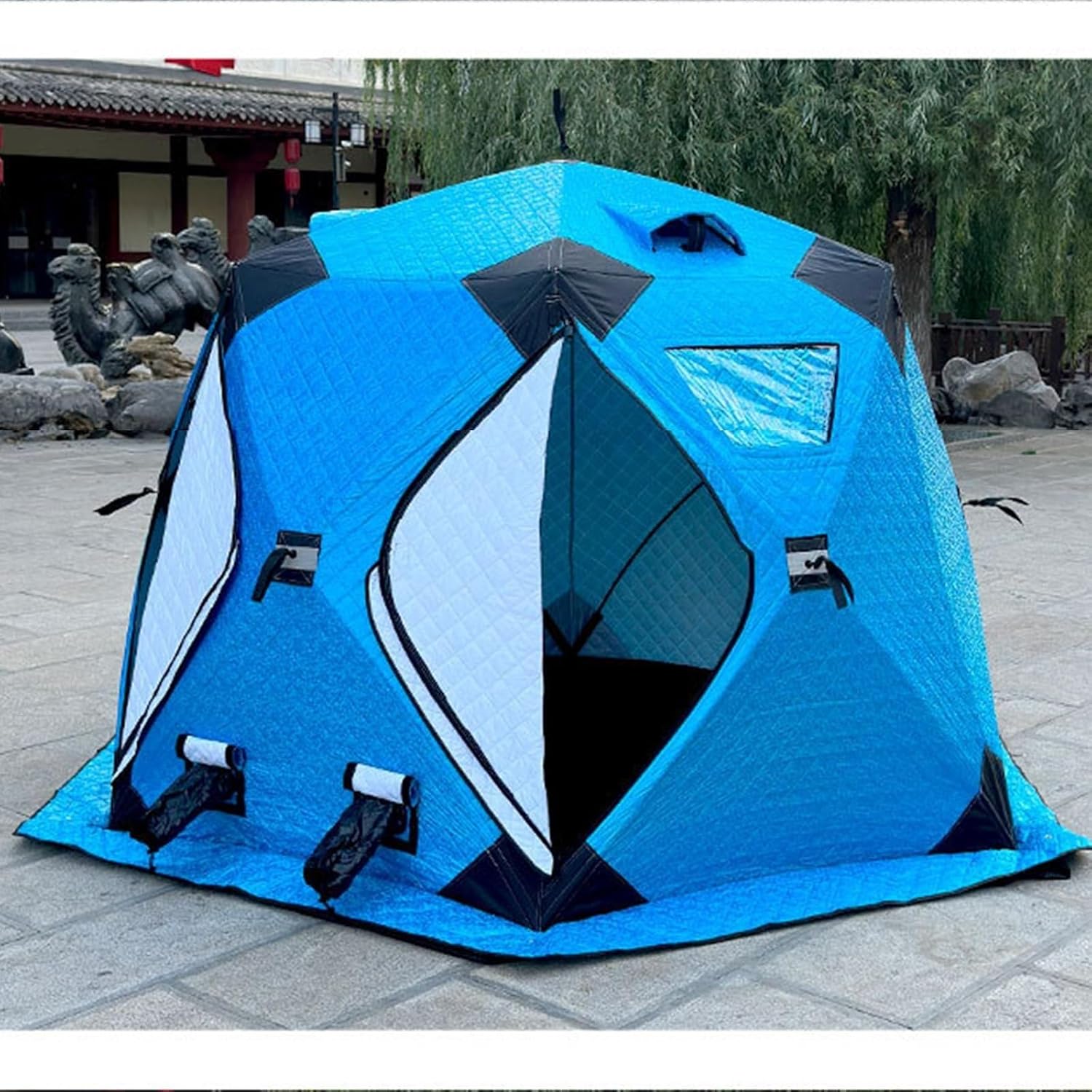 Ice Fishing Tent Rain Cover for Hexagonal, Pop-Up Insulated Ice Fishing Shelter with Stove Jack, 2 Doors 4 Windows Thickened Cotton Winter
