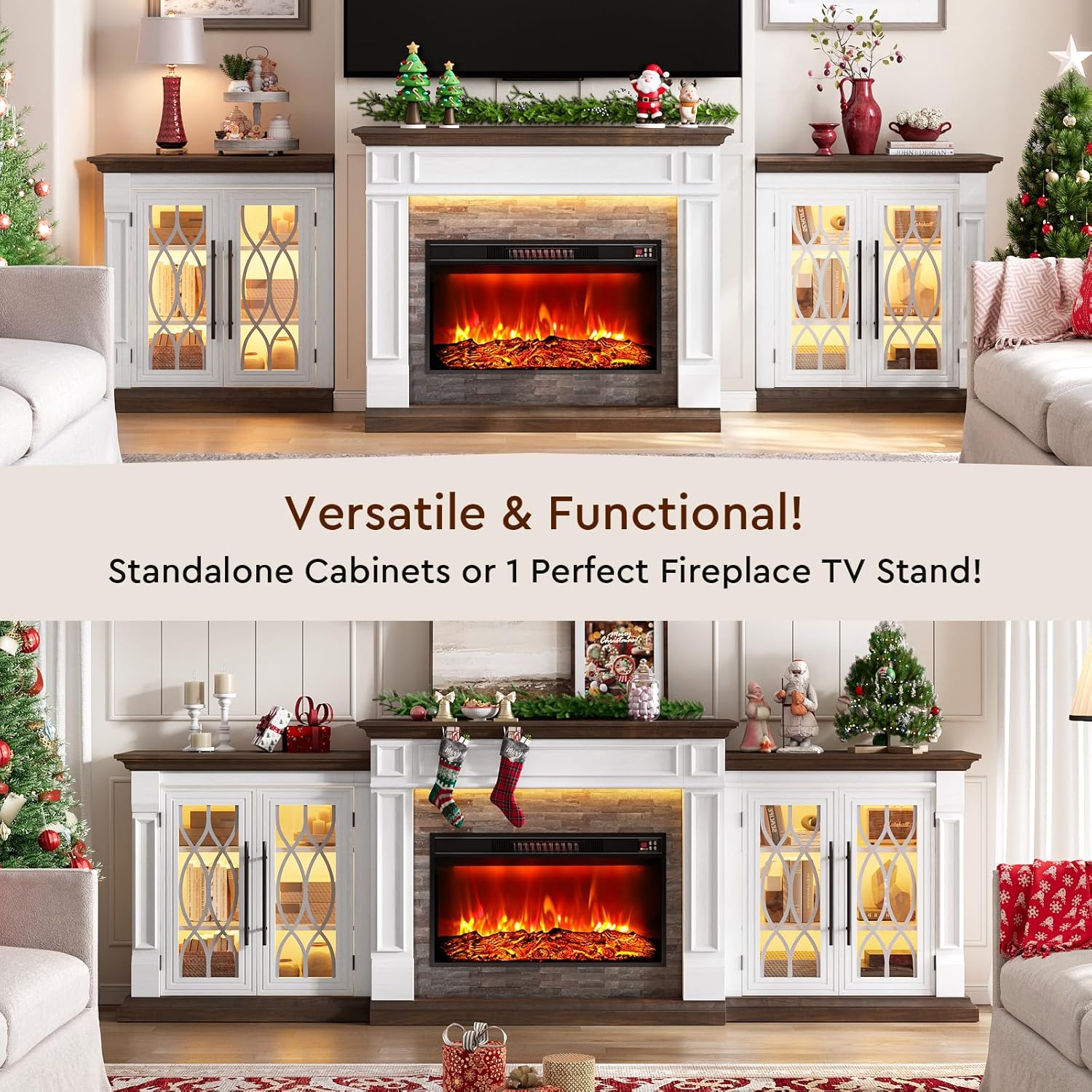 LGHM 104" 3-in-1 Modular Fireplace TV Stand with LED & Outlet for TVs Up to 100 Inch, Electric Fireplace with Mantel, Farmhouse Entertainment Center with Storage & 30'' Fireplace Heater Insert