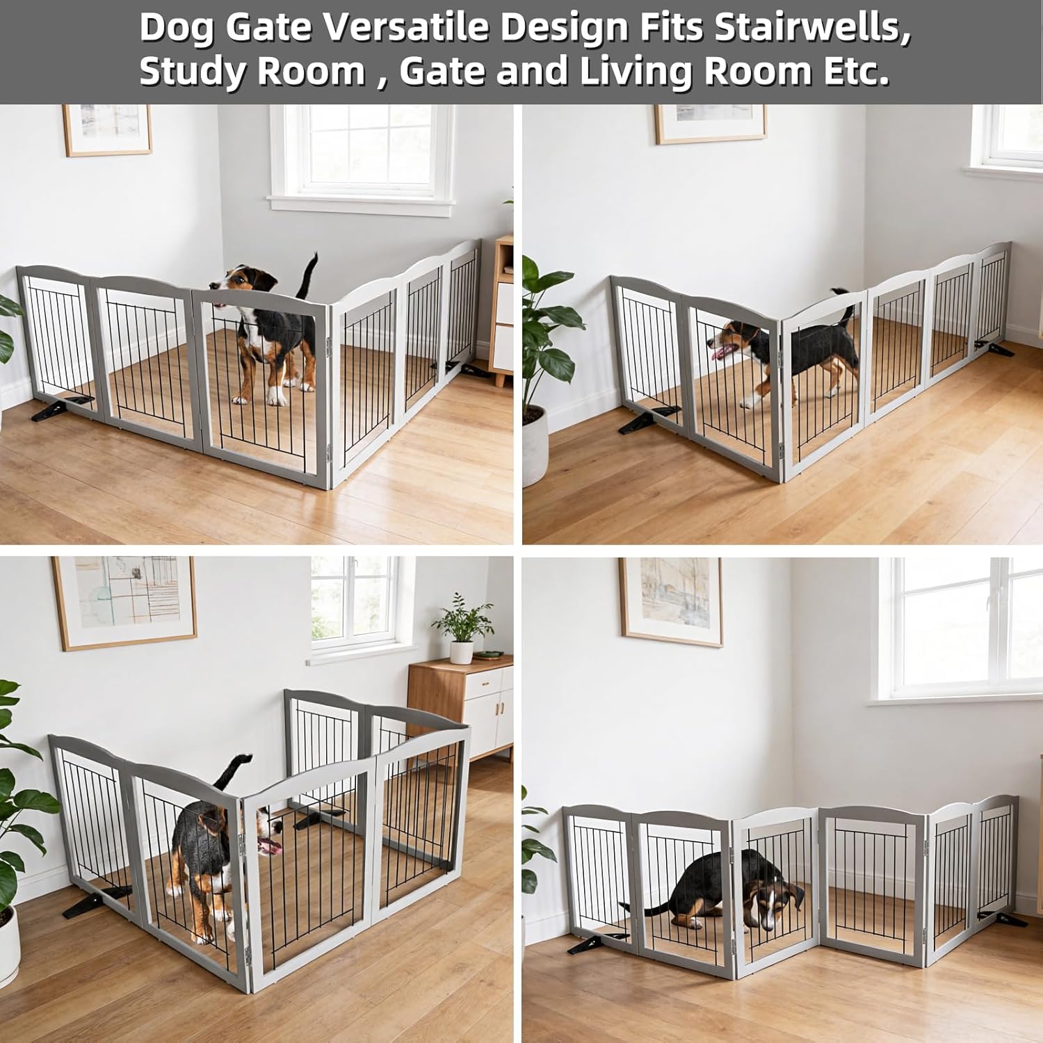 ZJSF Freestanding Dog Fence Indoor, Foldable Dog Gate for Doorways, Stairs or Hallways, Sturdy Wood Extra Wide Pet Gate with Support Feet for The House, Grey, 32 "Height-6 Panels