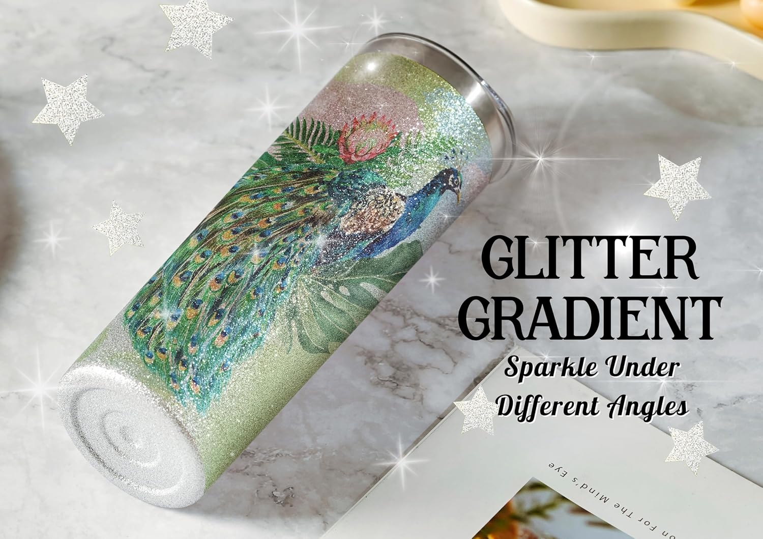 Onebttl Skinny Glitter Tumbler Gifts For Women - 20oz/590ml Stainless Steel Insulated Tumbler with Straw, Lid - Gift for Peacock Lovers - Green
