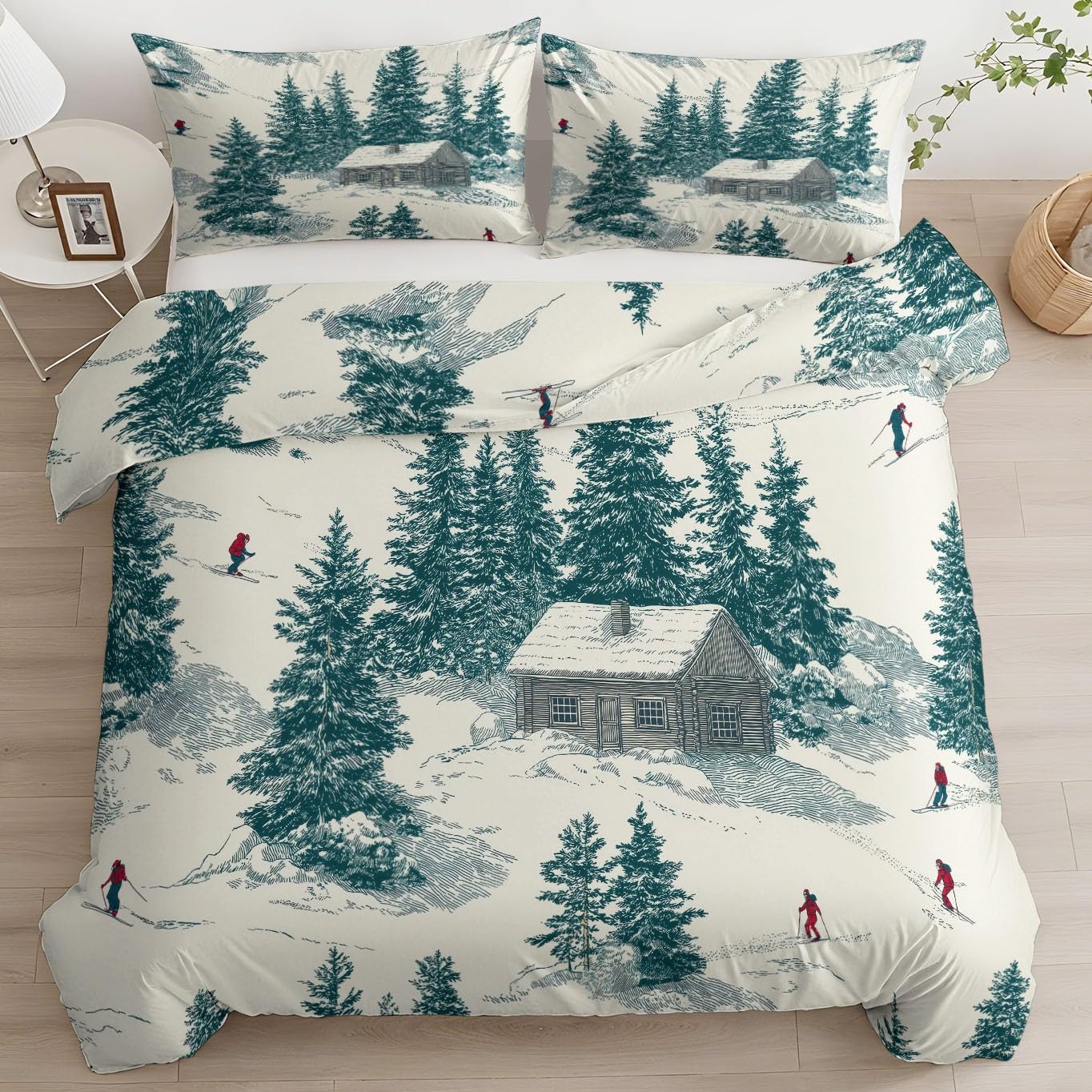 Zestaw poszewek na kołdrę na łóżko podwójne (200 x 200 cm) retro drewniany domek na narty, poszewka na kołdrę z zamkiem błyskawicznym - ultramiękka pościel dla dzieci, chłopców, dziewcząt, nastolatków