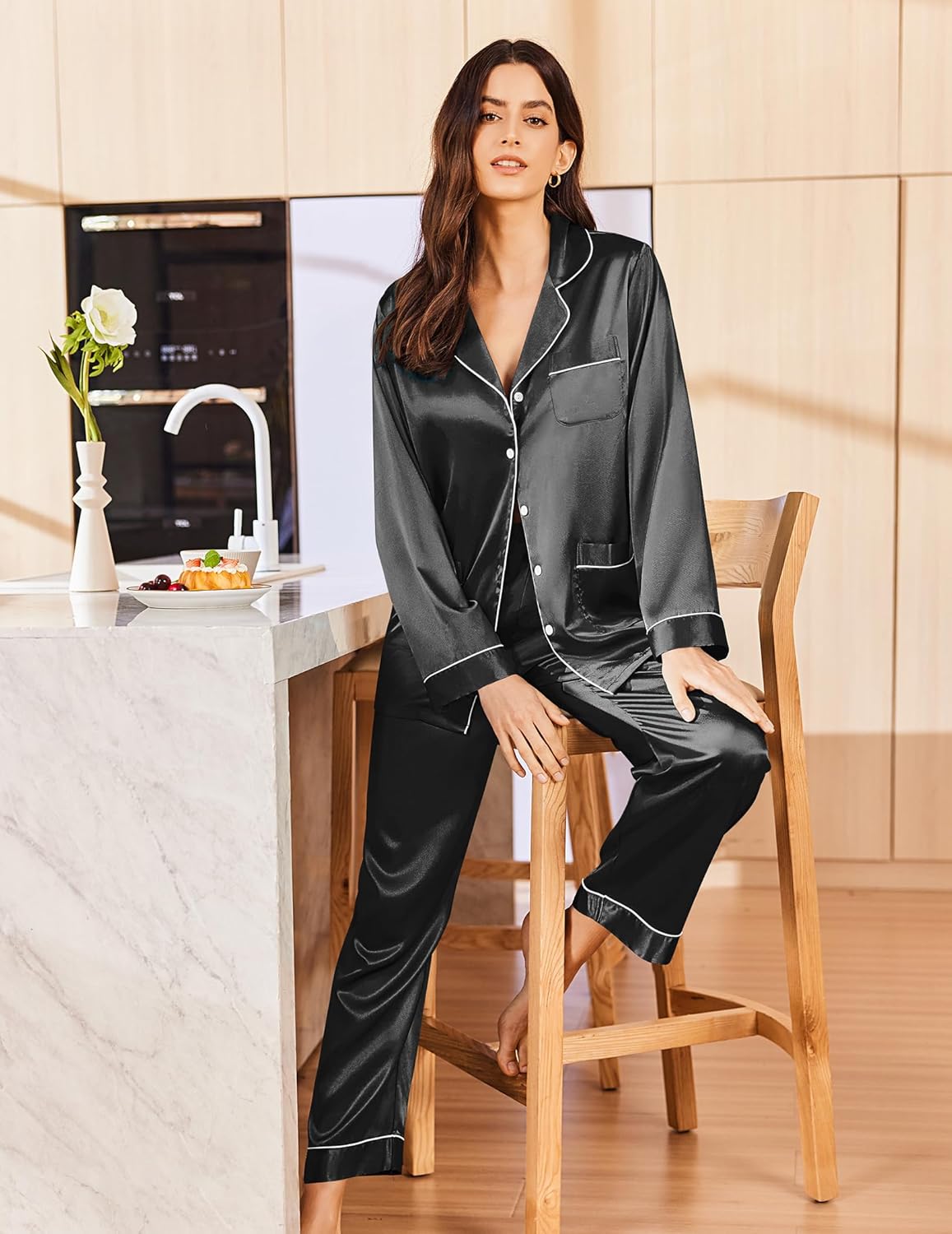 Ekouaer Silk Pajamas for Women Classic Button Down Satin Pajama Sets Long Sleeve Lounge Set - Image 8