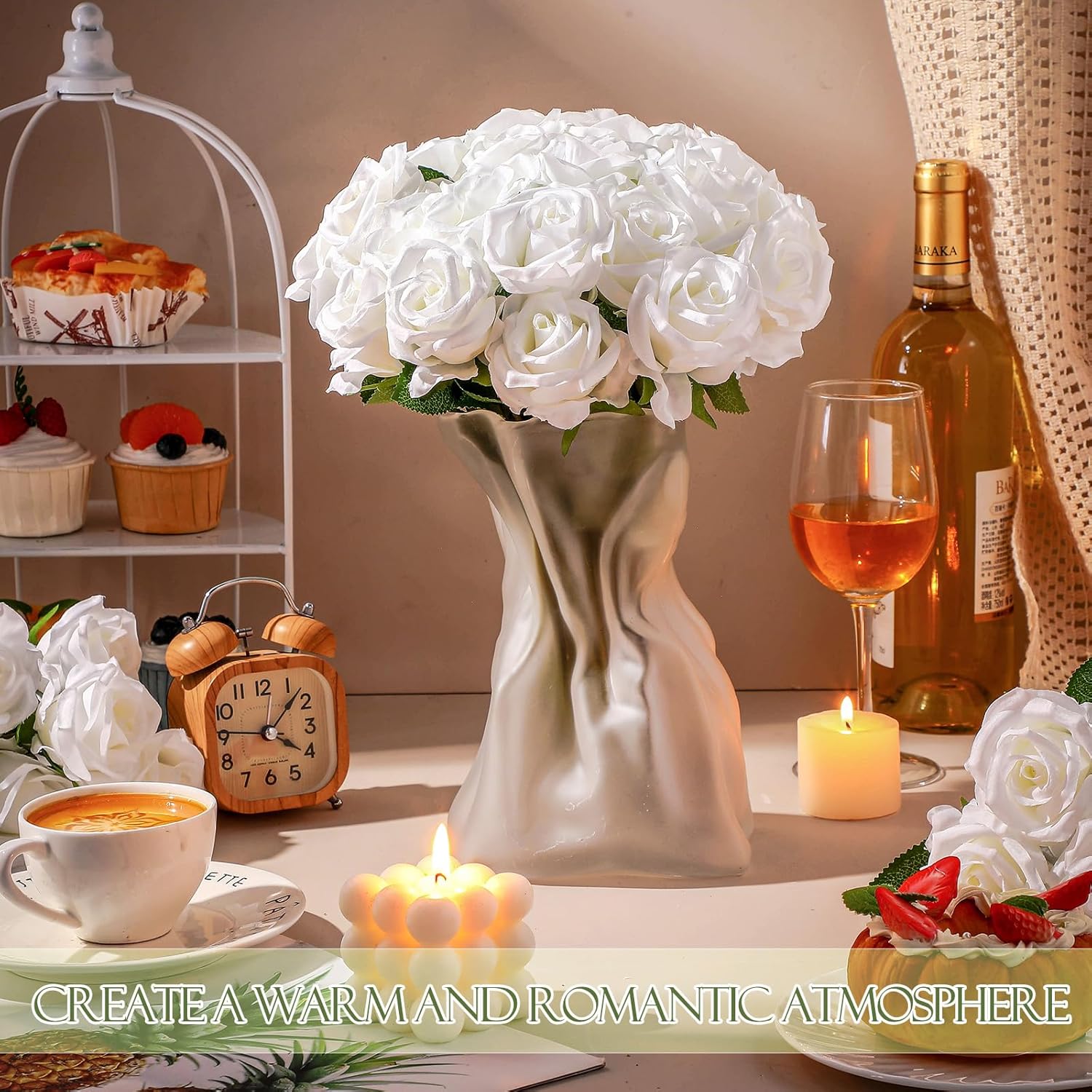 Jexine 100 Pieces Artificial Roses Flowers Bulk, Long Stem Realistic Fake Silk Roses Bouquet for Table Centerpiece Vases Wedding Party Kitchen Decor(Pure White)