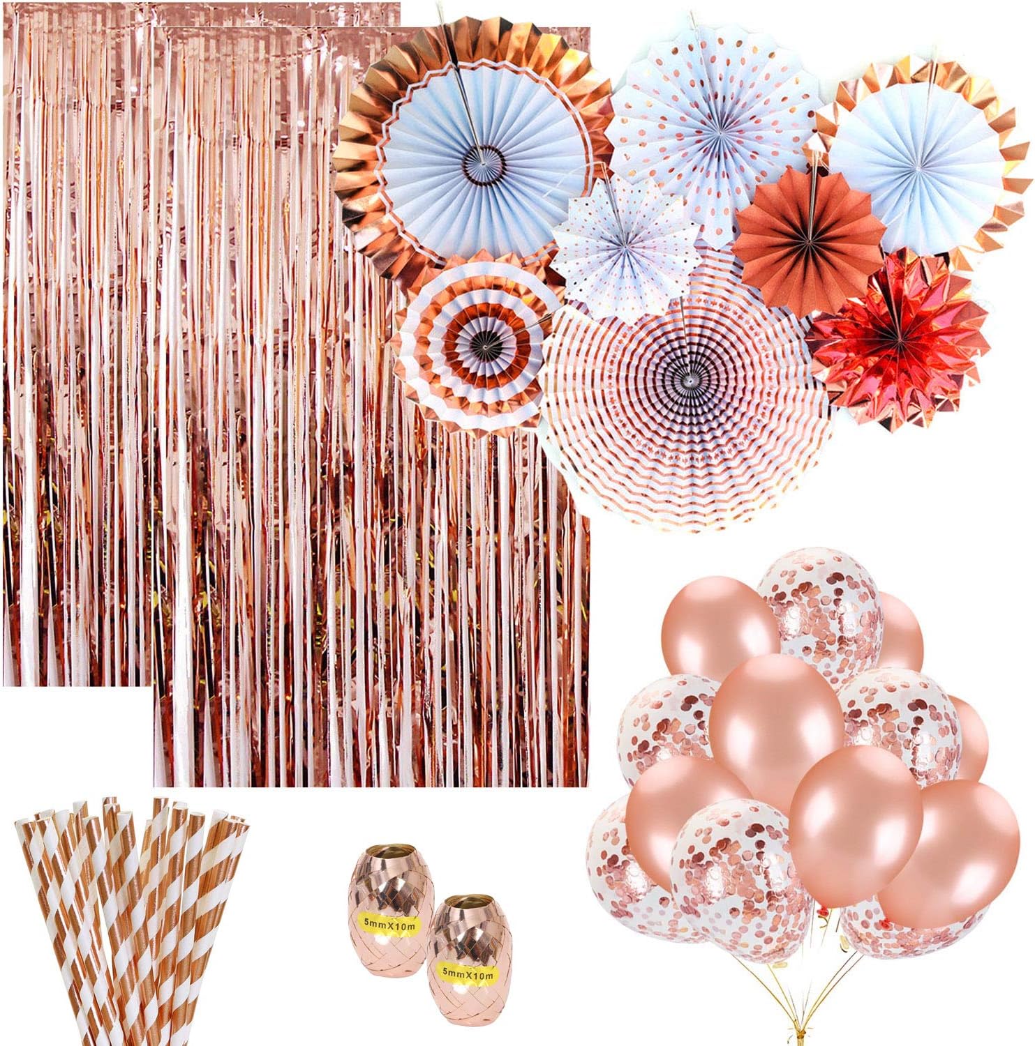 Fascola Rose Gold Party Decorations (25) Rose Gold Paper Straws (10) Rose Gold Confetti Balloons (10) Rose Gold Balloons (8) Paper Fans (2) Rose Gold Foil Fringe Curtain