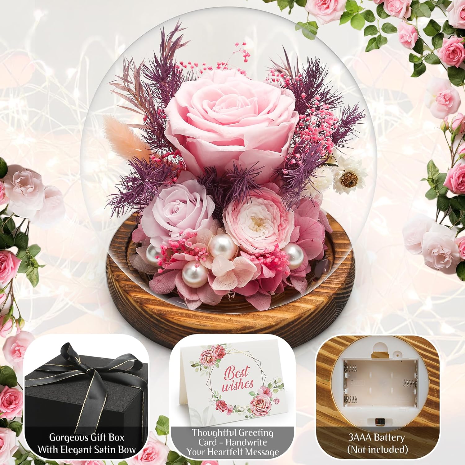 Forever Preserved Rose in Glass Dome with LED Lights - Eternal Rose for Women, Prime Delivery - Valentine's Day Mother's Day Christmas Birthday for Wife Girlfriend (Pink)