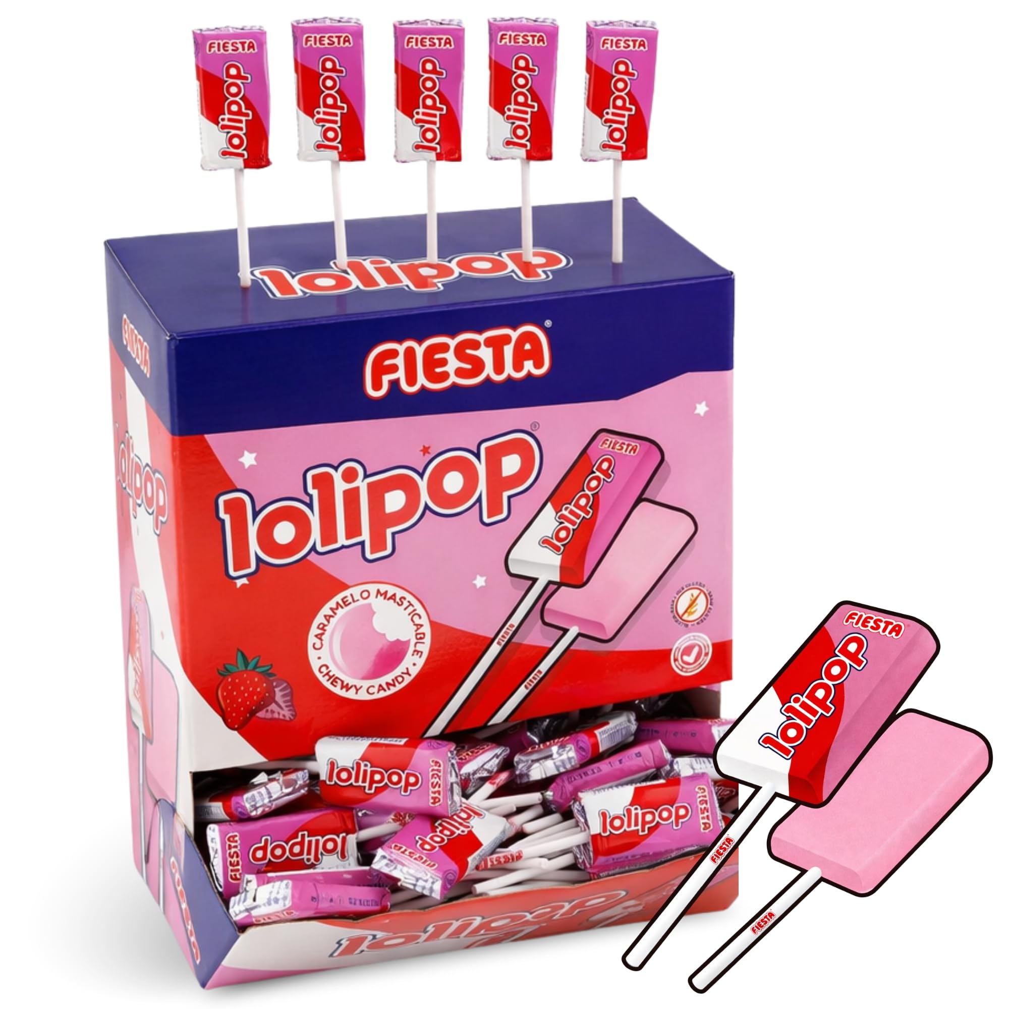Lolipop sabor fresa, Caramelo Masticable con Palo, Apto para veganos, sin gluten, sin huevo y sin lactosa es completamente apto para celíacos, Contiene 1 caja con 200 unidades