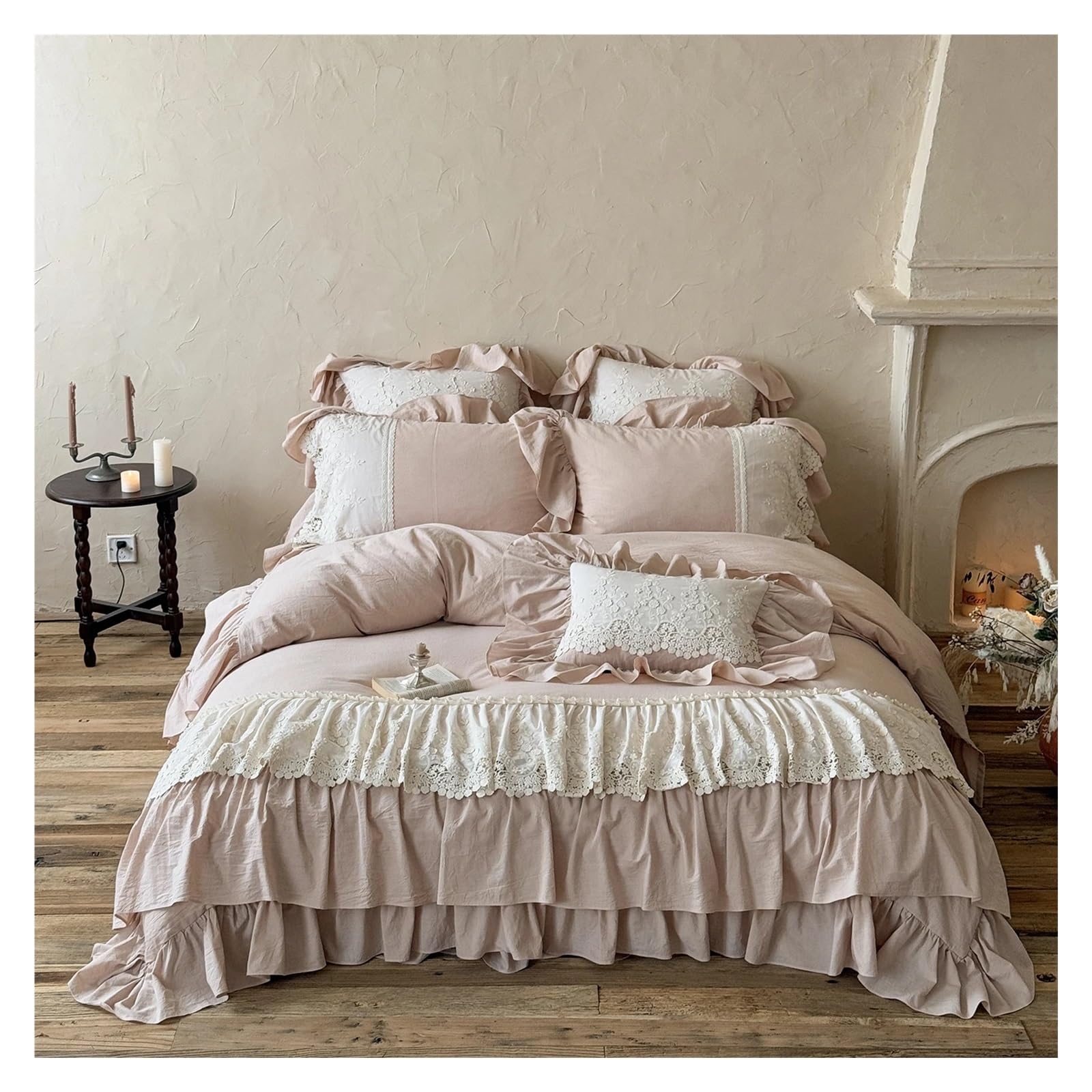 GCYEIDMA Ruffle Duvet Cover Double Layer Lace Ruffles Bedding Set Duvet Cover Quilted Bedspread Pillowcases 4Pcs(Color 2,Queen 200X230cm 4pcs)