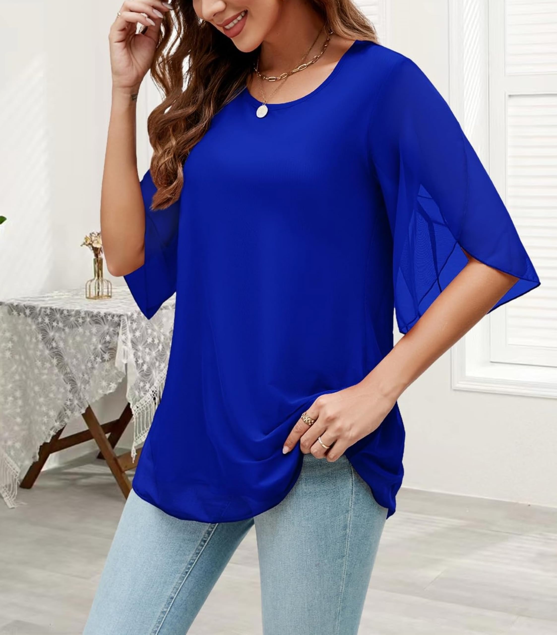 Timuspo Tunique en mousseline de soie pour femme - Col rond - Grandes tailles - Demi-manches - Pour l'été - Coupe ample