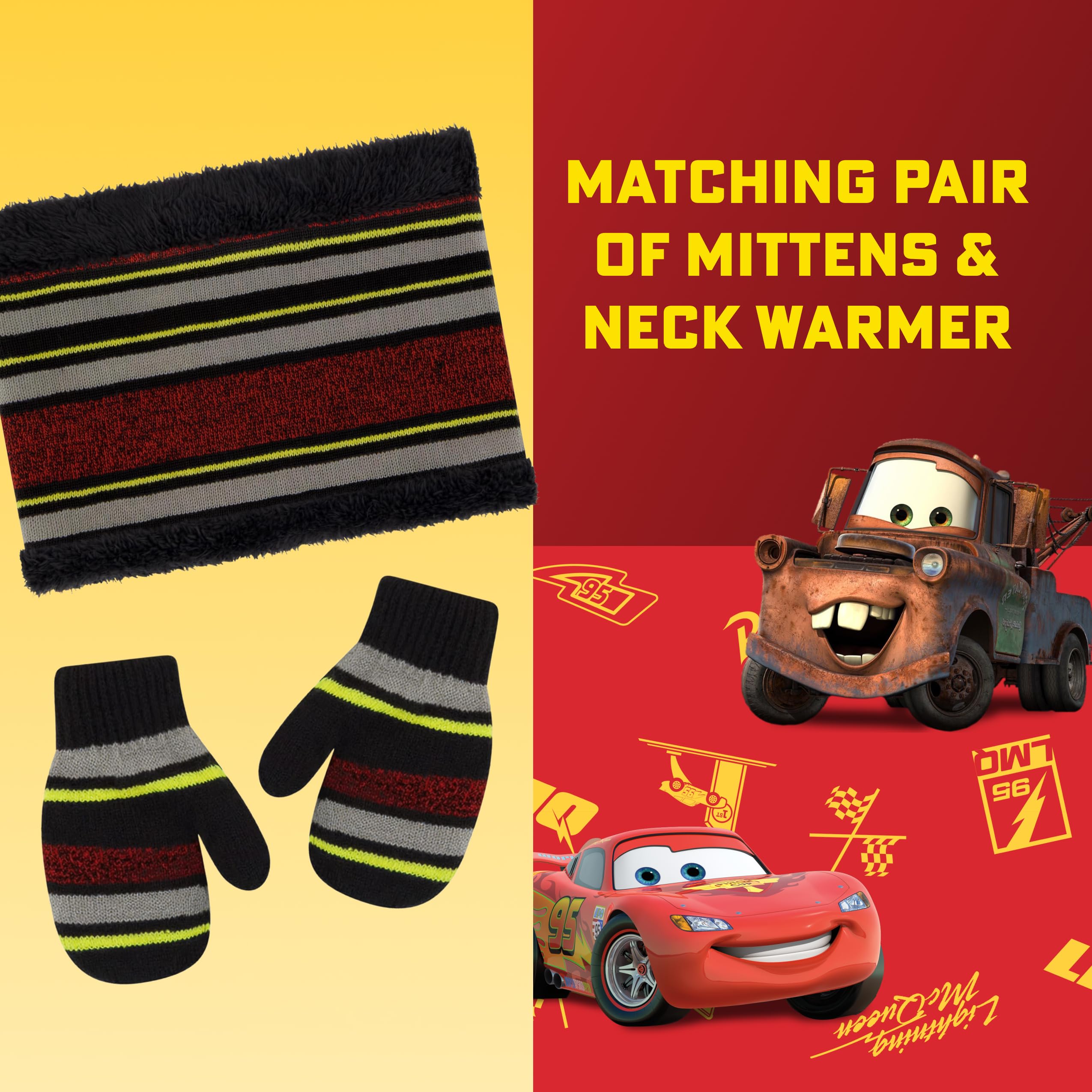 Disney Set di cappello, sciarpa e guanti invernali per bambini 2-4 o Cars Saetta McQueen cappello, sciarpe e guanti per bambini 4-7