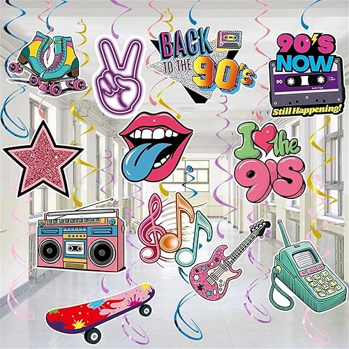 Decoraciones de fiesta temática de los años 90, remolinos colgantes retro con cassette, boombox, patín de ruedas, notas musicales, 24 piezas