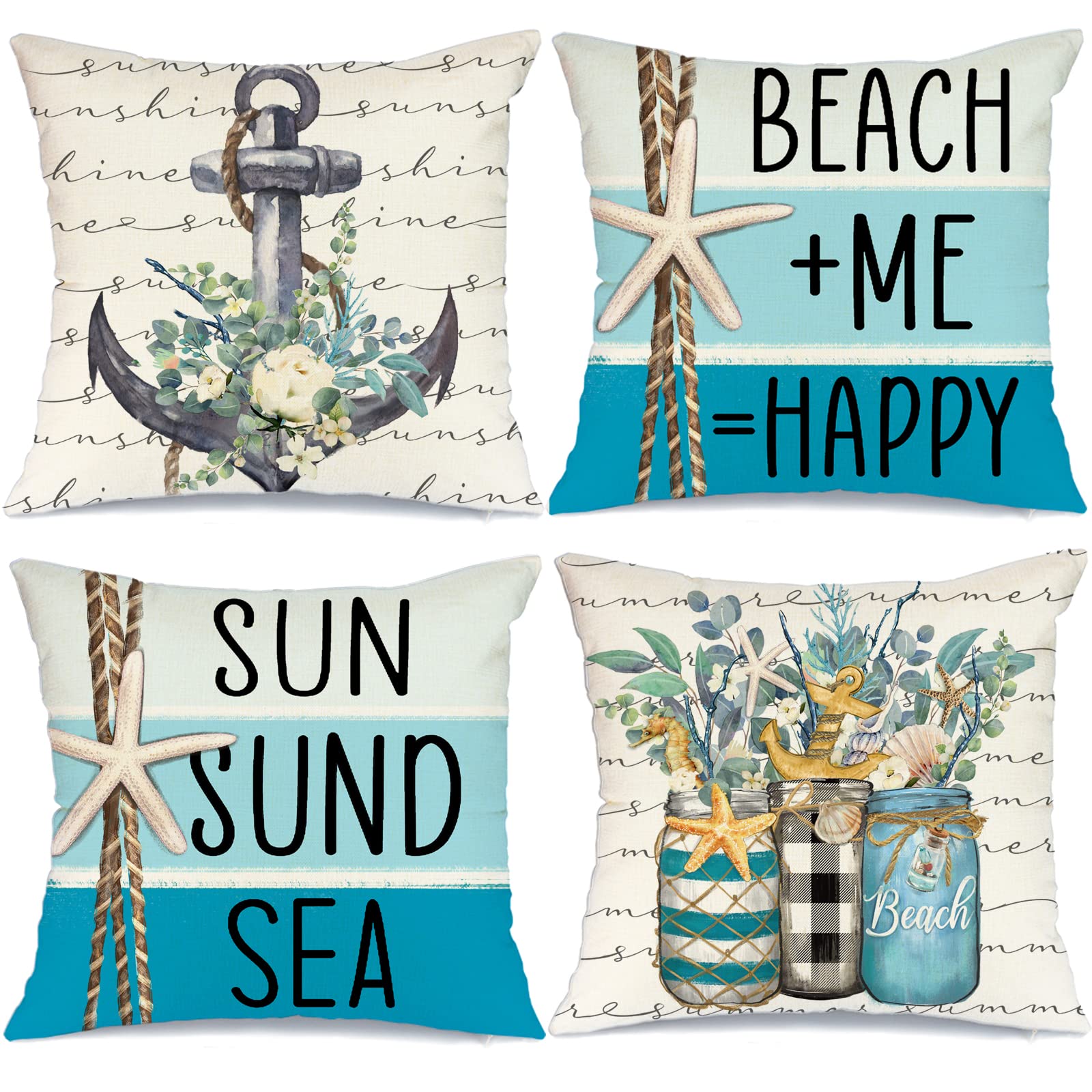 GEEORY Summer Pillow Covers 18x18 Inch Set of Anchor Sea Beach Starfish  Mason Jar Pillows Decorative Throw Pillows Summer