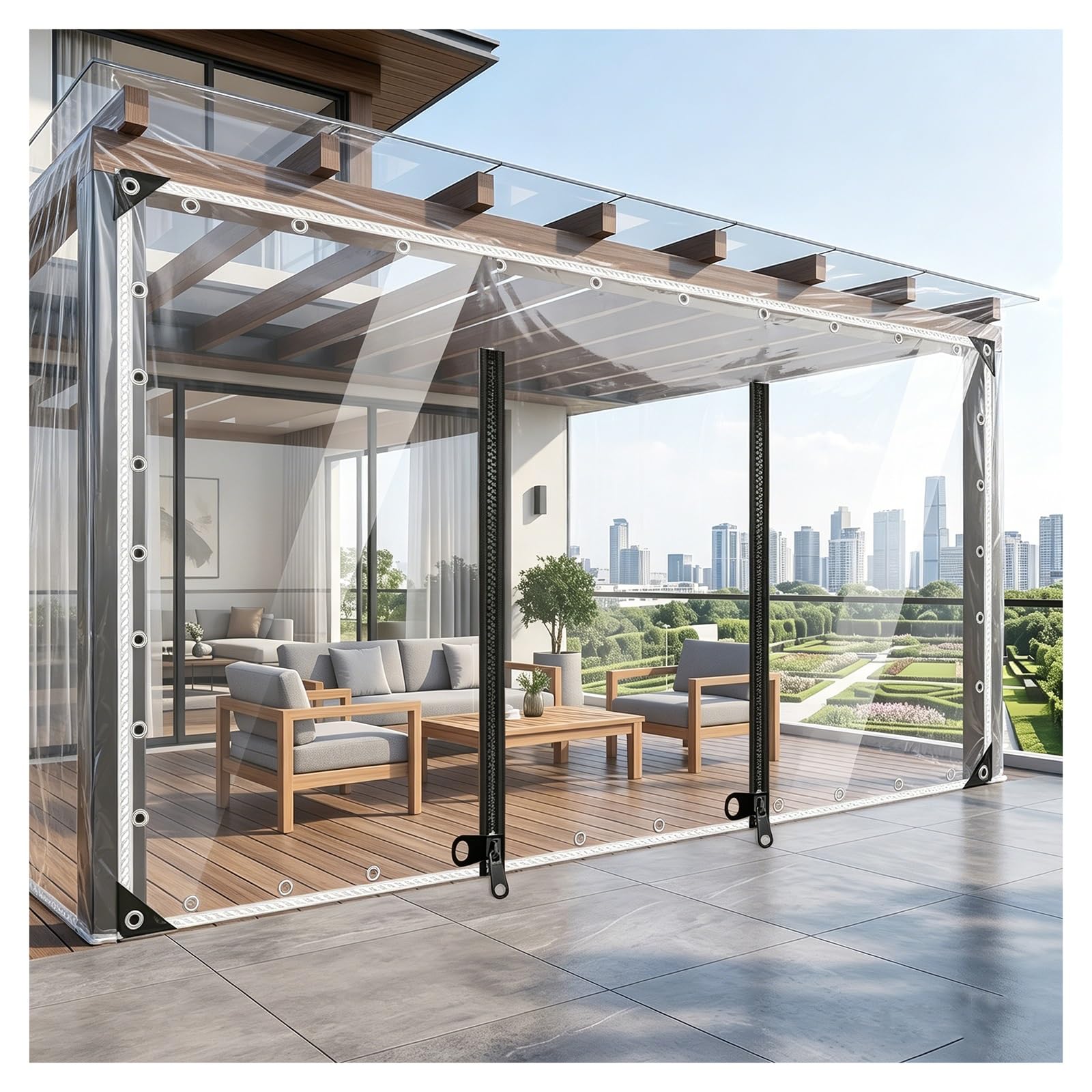 Tarpaulin Transparent with Zipper Customized, & Reinforced Eyelets - Heavy Duty PVC Waterproof Sheet for Outdoor Rain Covers, Pergola, Balcony, Greenhouse, Storage(H2.4xW4.5m/H7.8xW14.7ft)