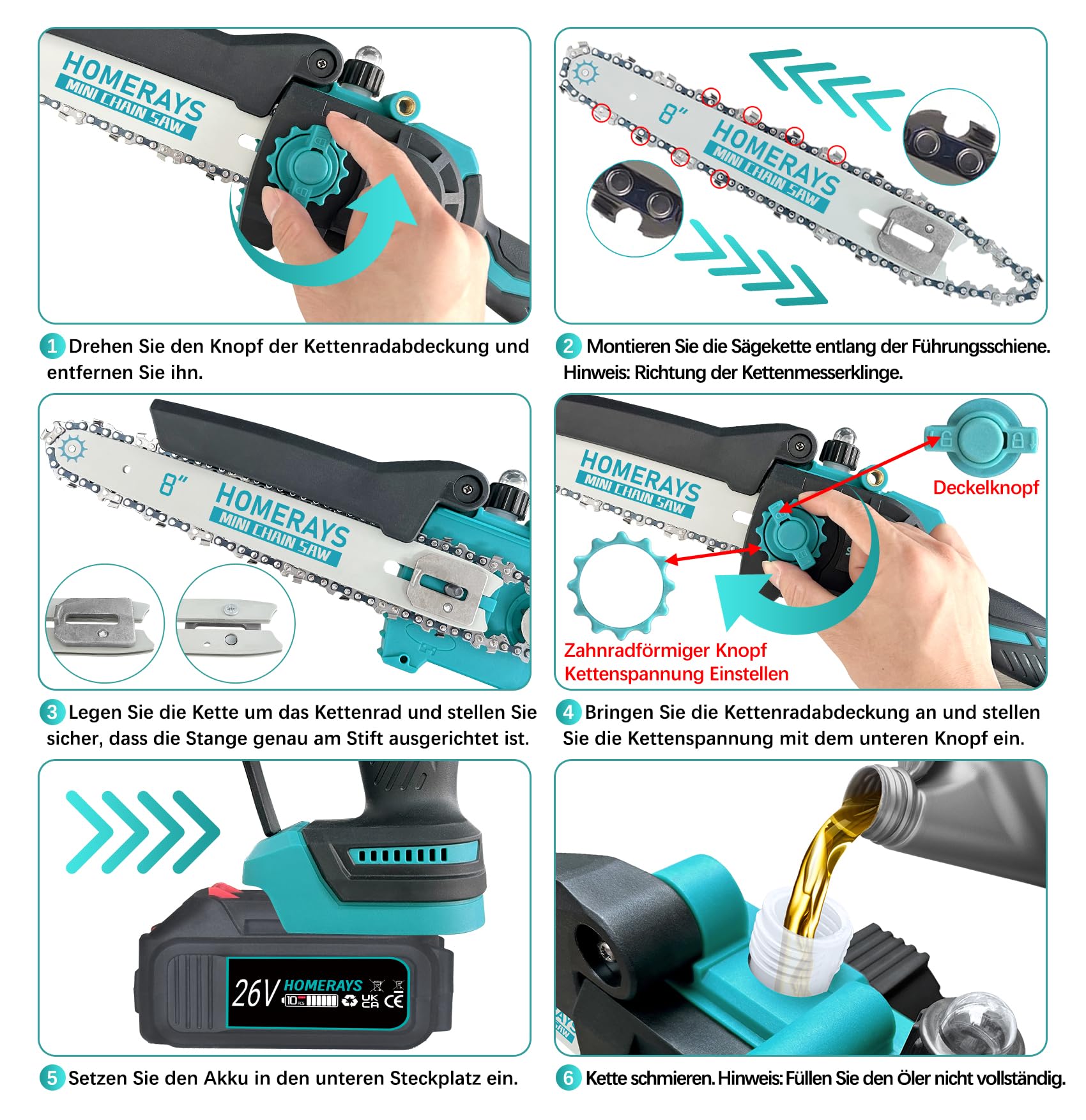 Mini Kettensäge mit Akku 8000mAh, 8-Zoll & 6-Zoll Mini Kettensäge Elektro mit Automatischer Öler und 2 * 4000mAh Bürstenlose Handkettensäge Akku für Gartenscheren Astschere Holzschneidenz