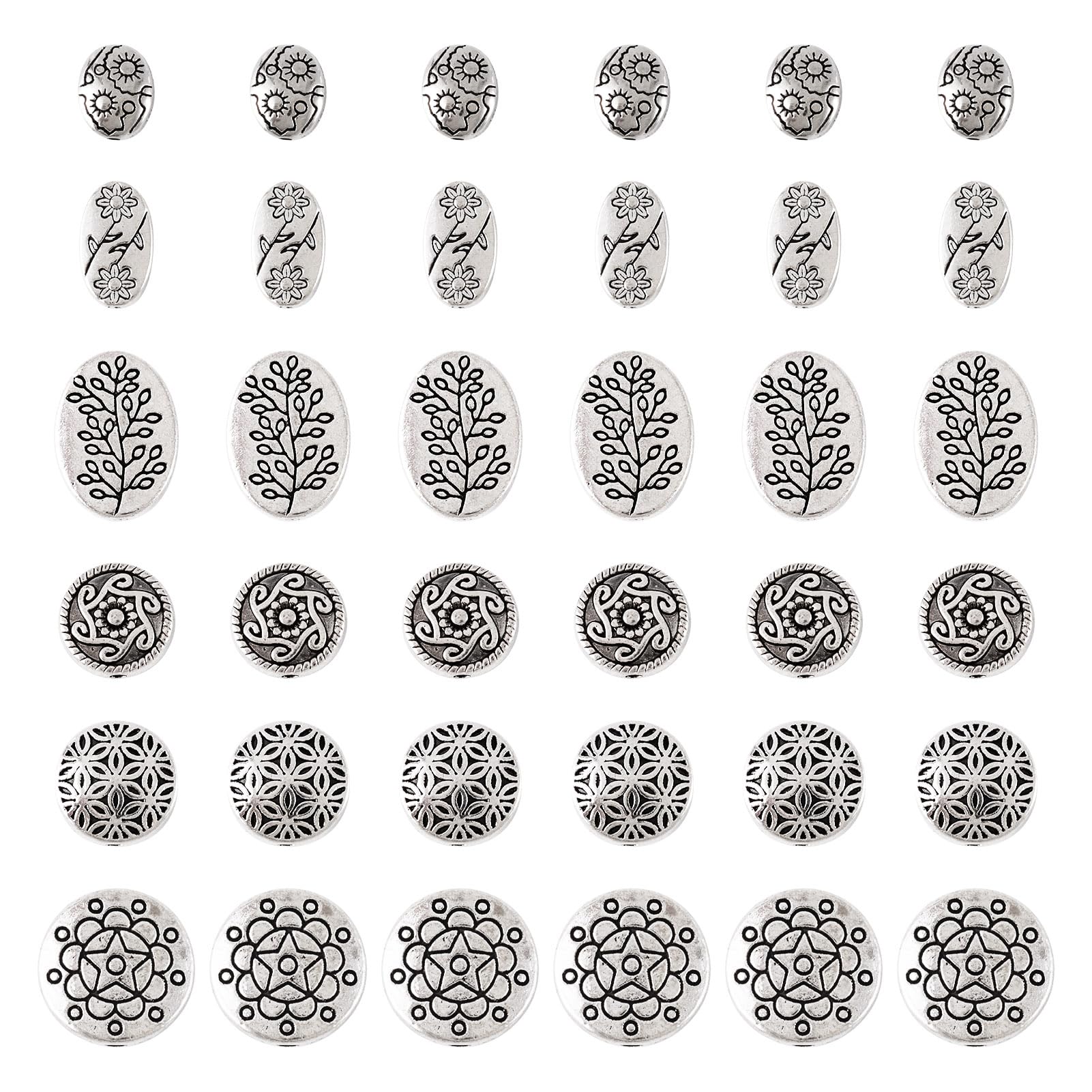 Pandahall 48Pcs Antique Silver Tibetan Style Flower Spacer Beads - 6 Style Alloy Rondelle Flat Round Oval Loose Metal Beads for Bracelet Necklace