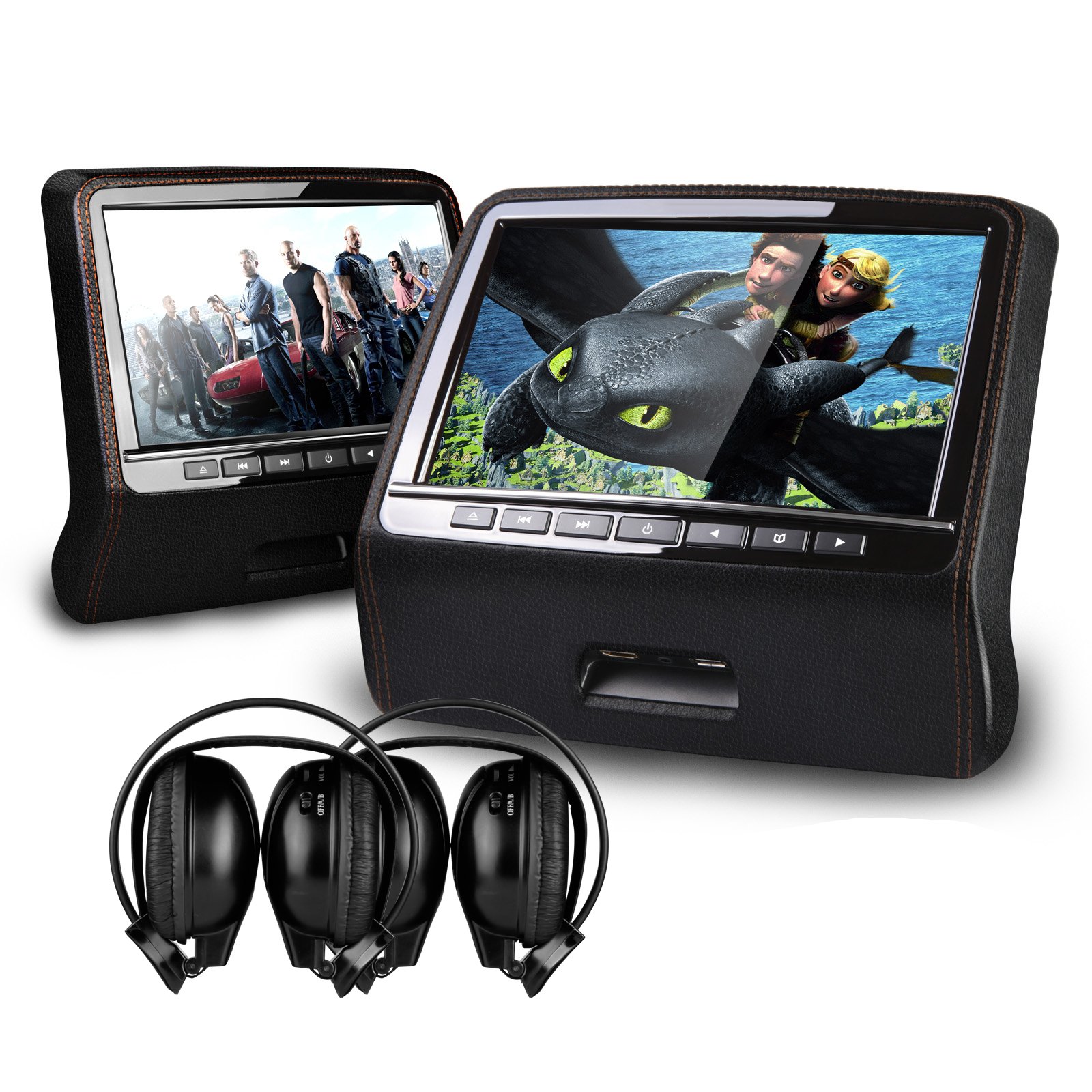 XTRONS® 9" HD Active Car Pillow Headrest Monitor Portable DVD/USB Player Game HDMI (HD9PCHBlackx2+DWH002x2)