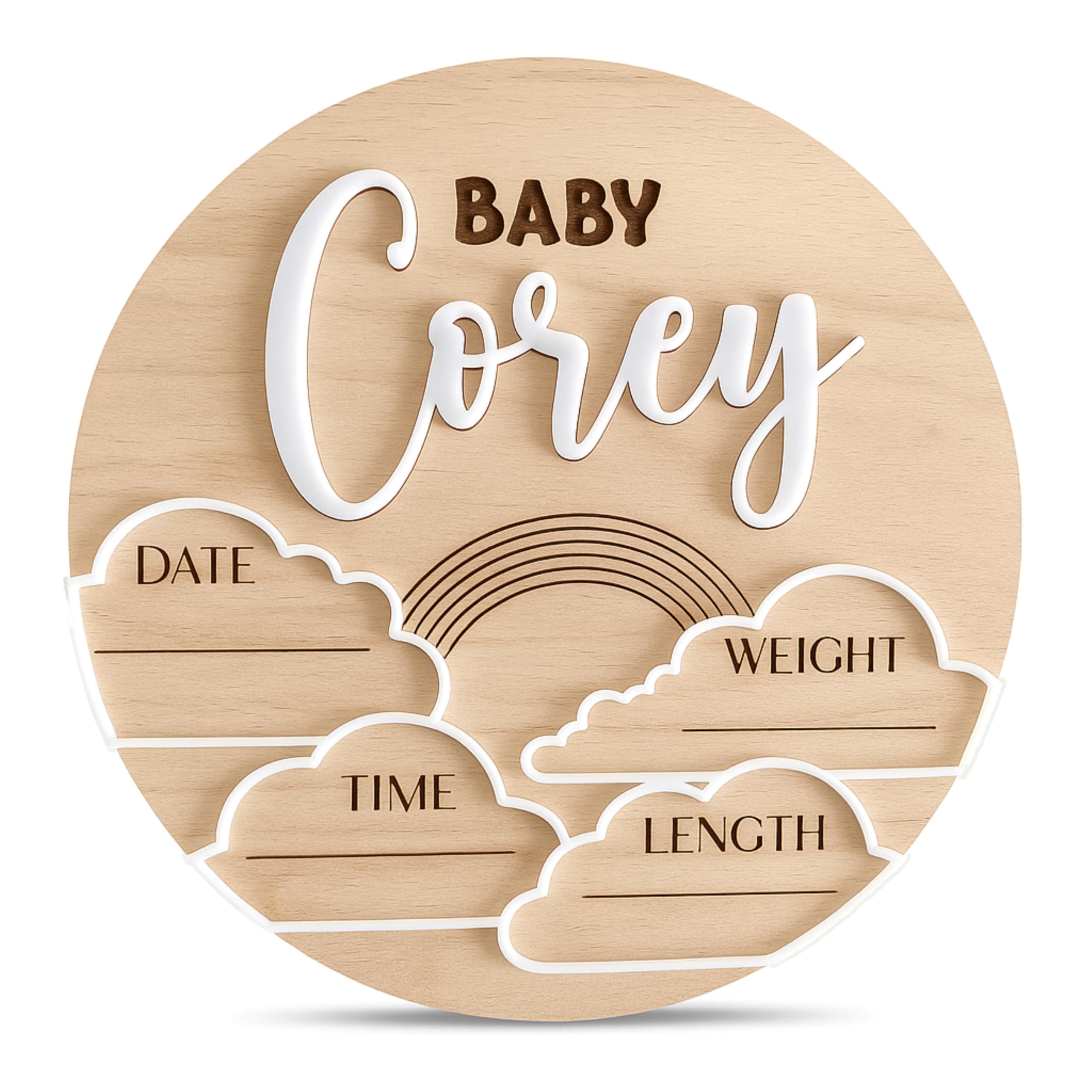 Custom Baby Name Announcement Sign, Personalized 3D Wooden Birth Stats Plaque - Clouds & Rainbow Design (Design 2)
