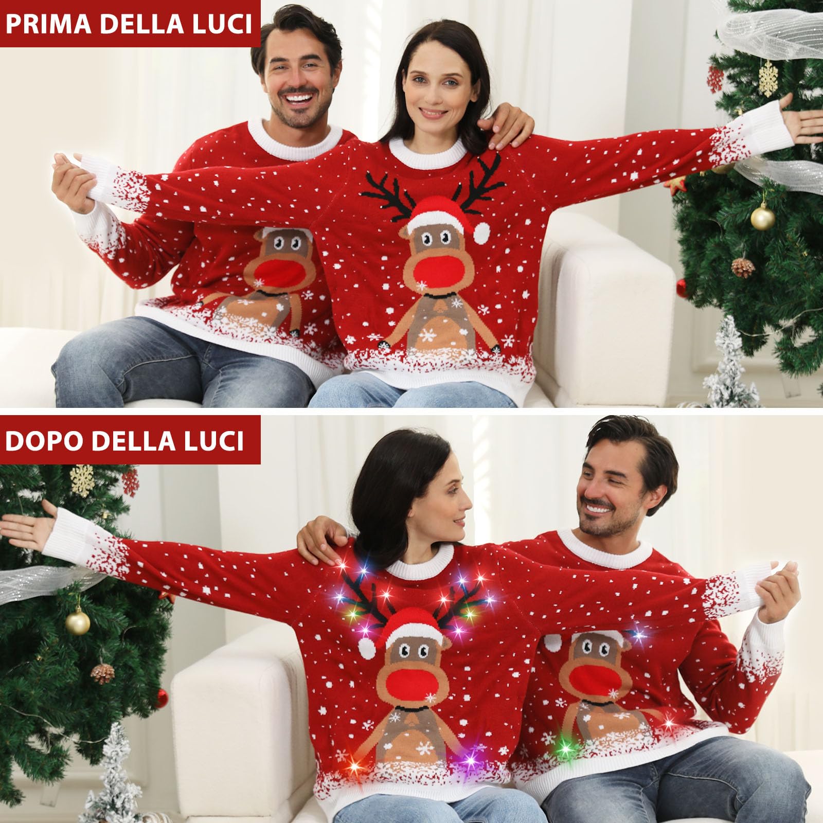 Maglione Natalizio con Luci LED, Maglioni Natalizi Famiglia Set, Brutti Maglione Natalizio Uomo Donna Ugly Christmas Sweater, One Piece Manica Lunga Maglia Natale Maglione di Natale per Coppia