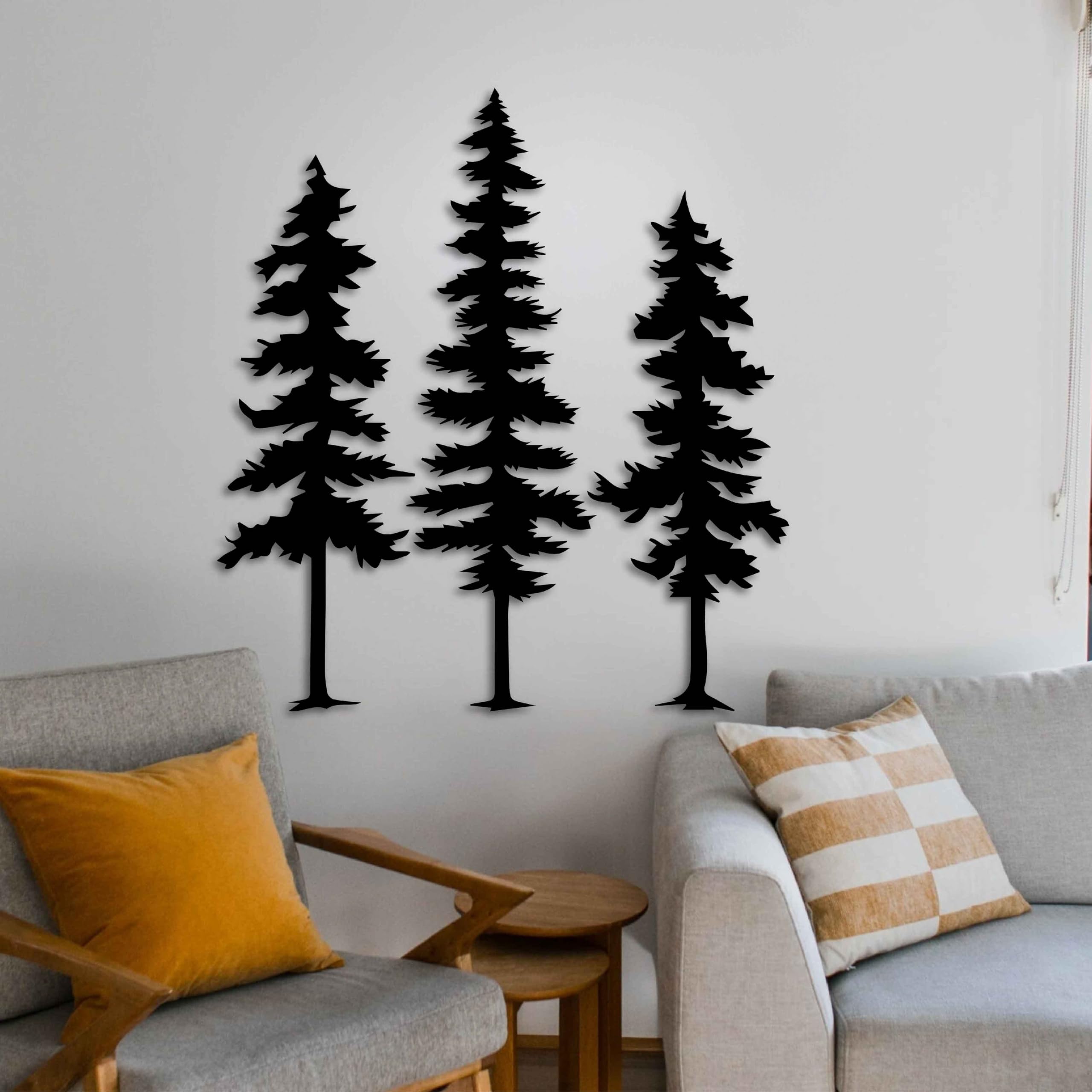 KAWA METALWORKS Pine Trees Metal Wall Art, Large Pine Tree Metal Decor, 3 Piece Trees Vertical Metal Wall Sculpture, Tall Wall Art of Metal Trees, Black, Gold, Silver and White