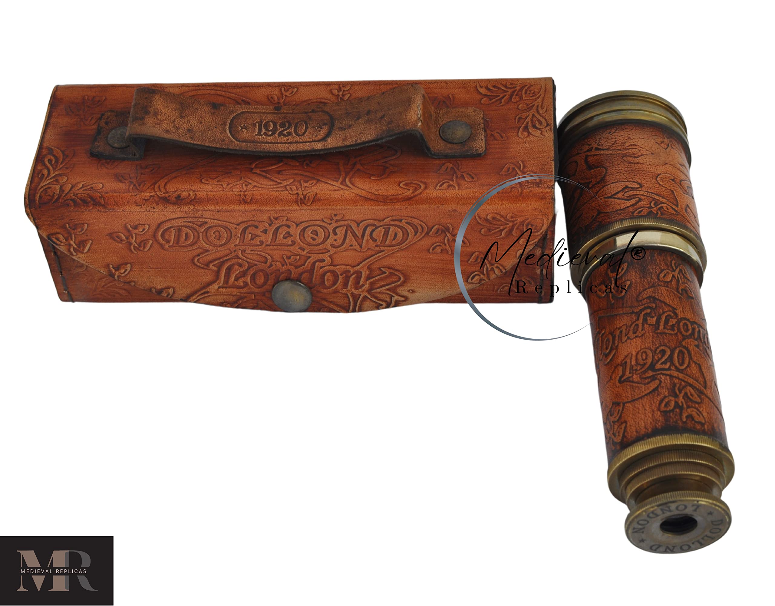 Telescopio de trabajo de latón completo de la mirada antigua de 16 pulgadas/esfera decorativa de los niños de la réplica de Spyglass en caja de cuero 4