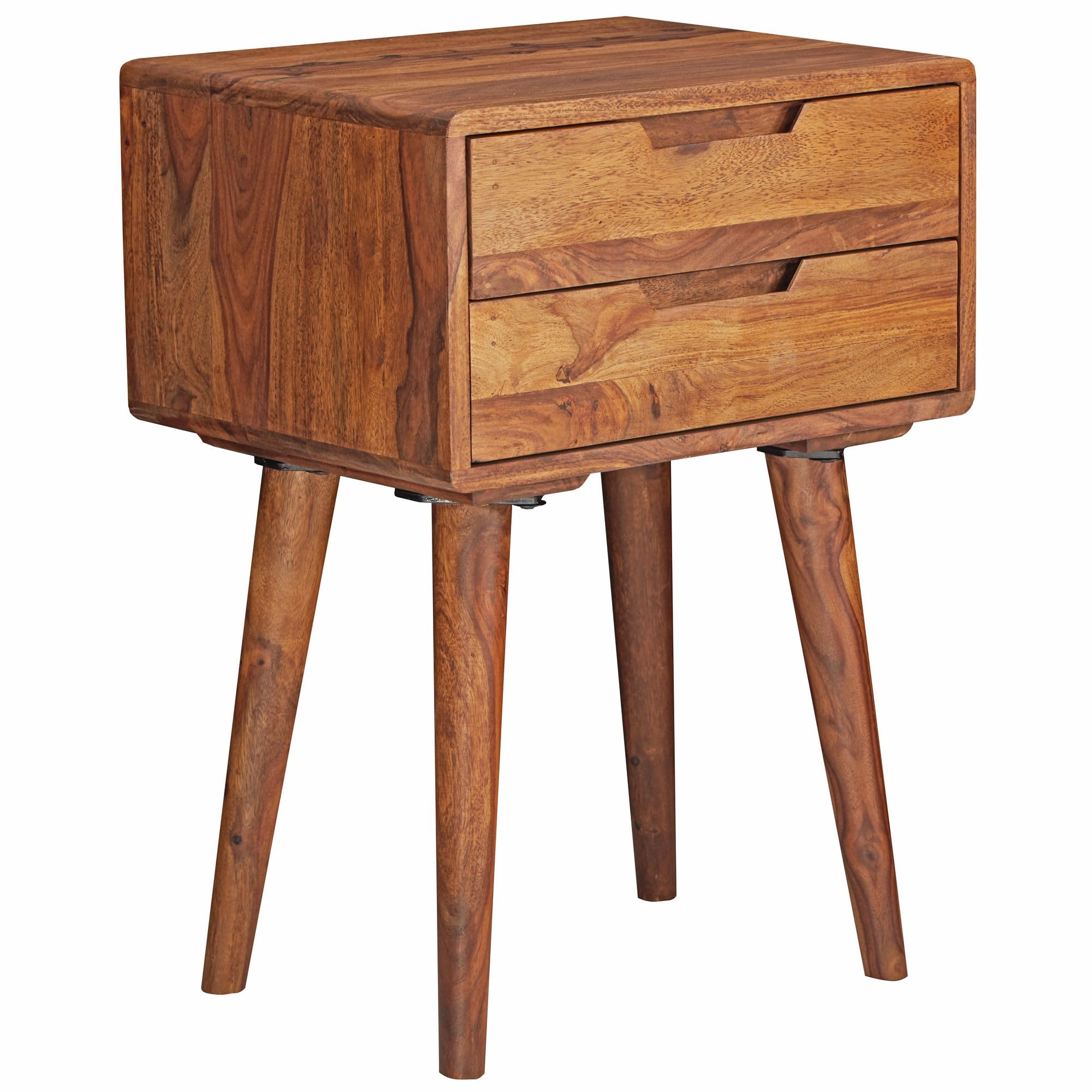 WOHNLING Konsola Nocna 47x36x66 cm Lite Drewno Sheesham, 2 Szuflady | szafka nocna w stylu rustykalnym z elementy retro, komoda nocna do łóżka kontynentalnego, ręcznie wykonany unikat