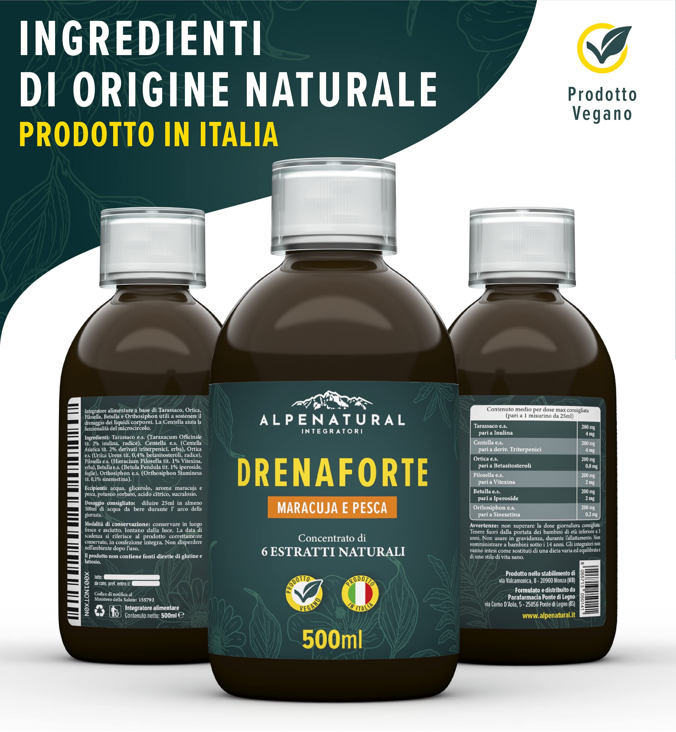 Drenaforte | Drenante forte, Concentrato di 6 Estratti Naturali, Drenante, Diuretico, Detox, Depurativo Naturale, Ritenzione Idrica | Maracuja e Pesca, Vegano, 500 ml