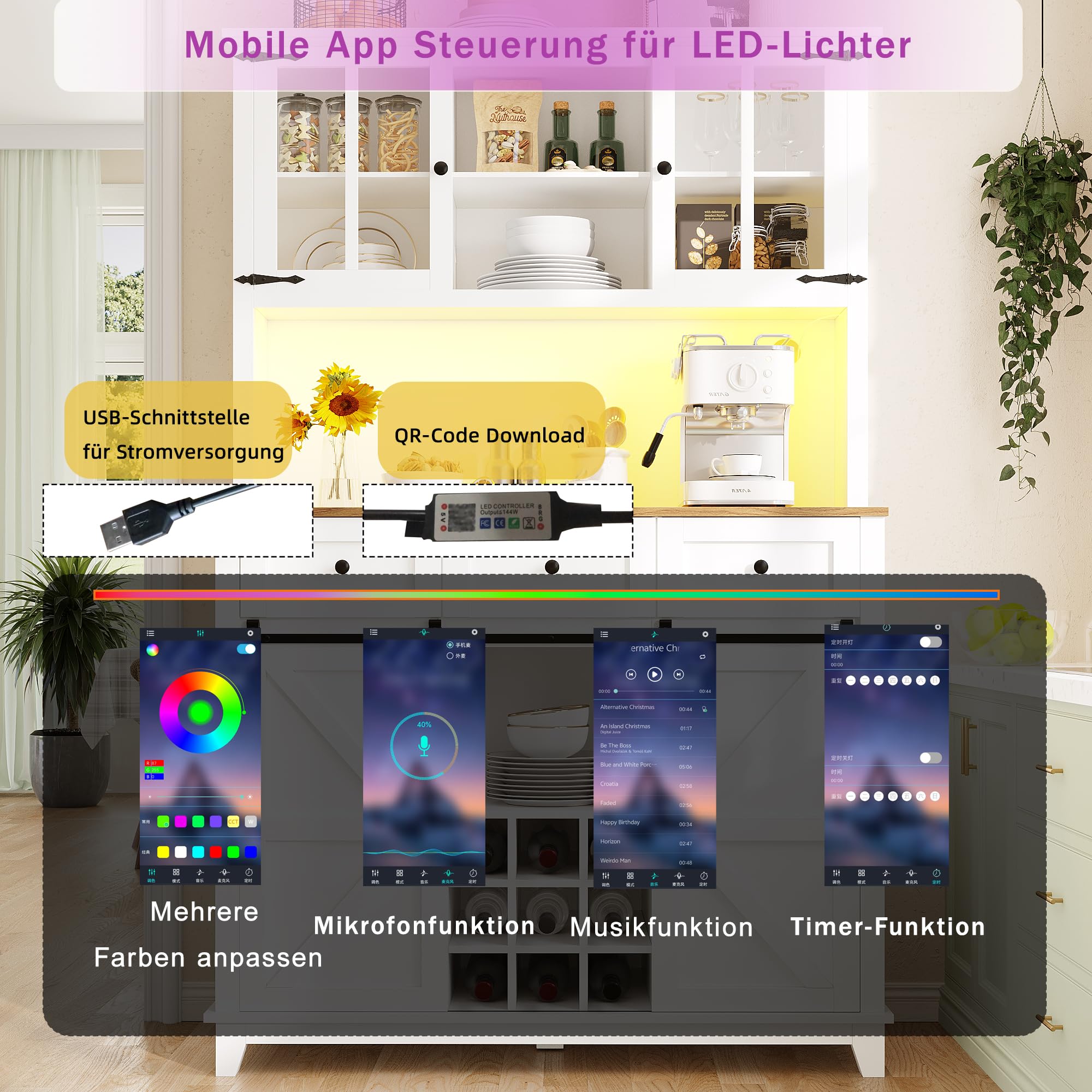 SogesHome Küchenschrank mit LED-Beleuchtung mit Verstellbaren Ablagen | APP-Steuerung & Musik-Modus,Variable Lichtfarben | Hochschrank Vitrinenschrank | Schmal 105 x 38.4 x 180 cm​​ (weiß)