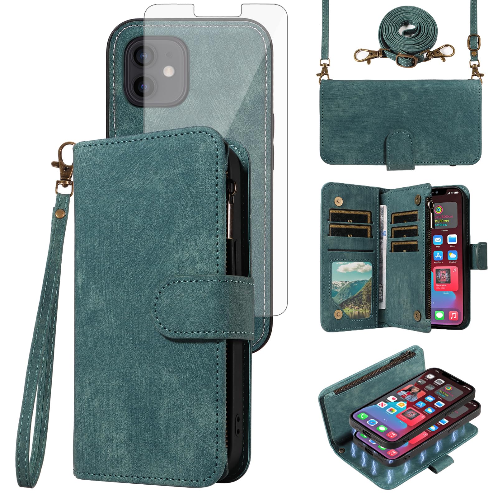 Phone Case for iPhone 12 Mini 5.4 Zipper Wallet Magnetic Detachable Cell Cover with Screen Protector Crossbody Lanyard Strap Flip Card Holder iPhone12mini 5G i 12s iPhone12 12mini Women Girls Blue