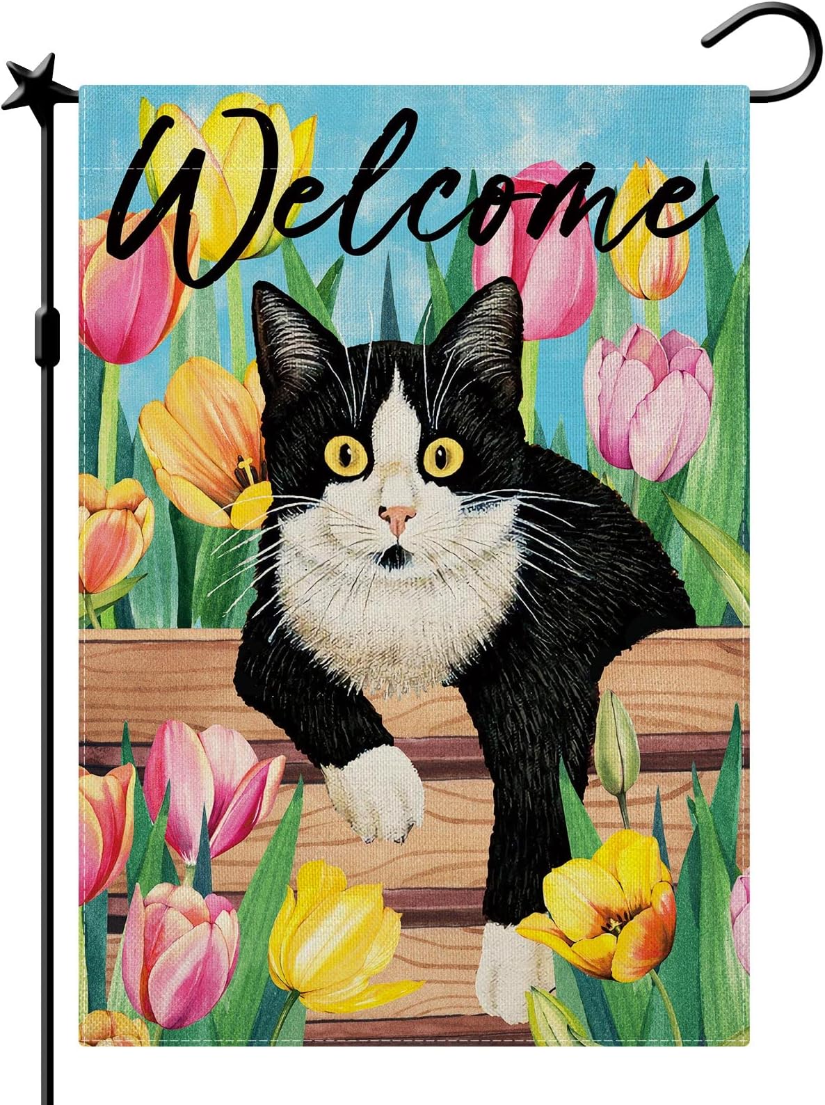 Amazon.com : DLZDN Hello Spring Cat Garden Flag Floral lavender Garden ...