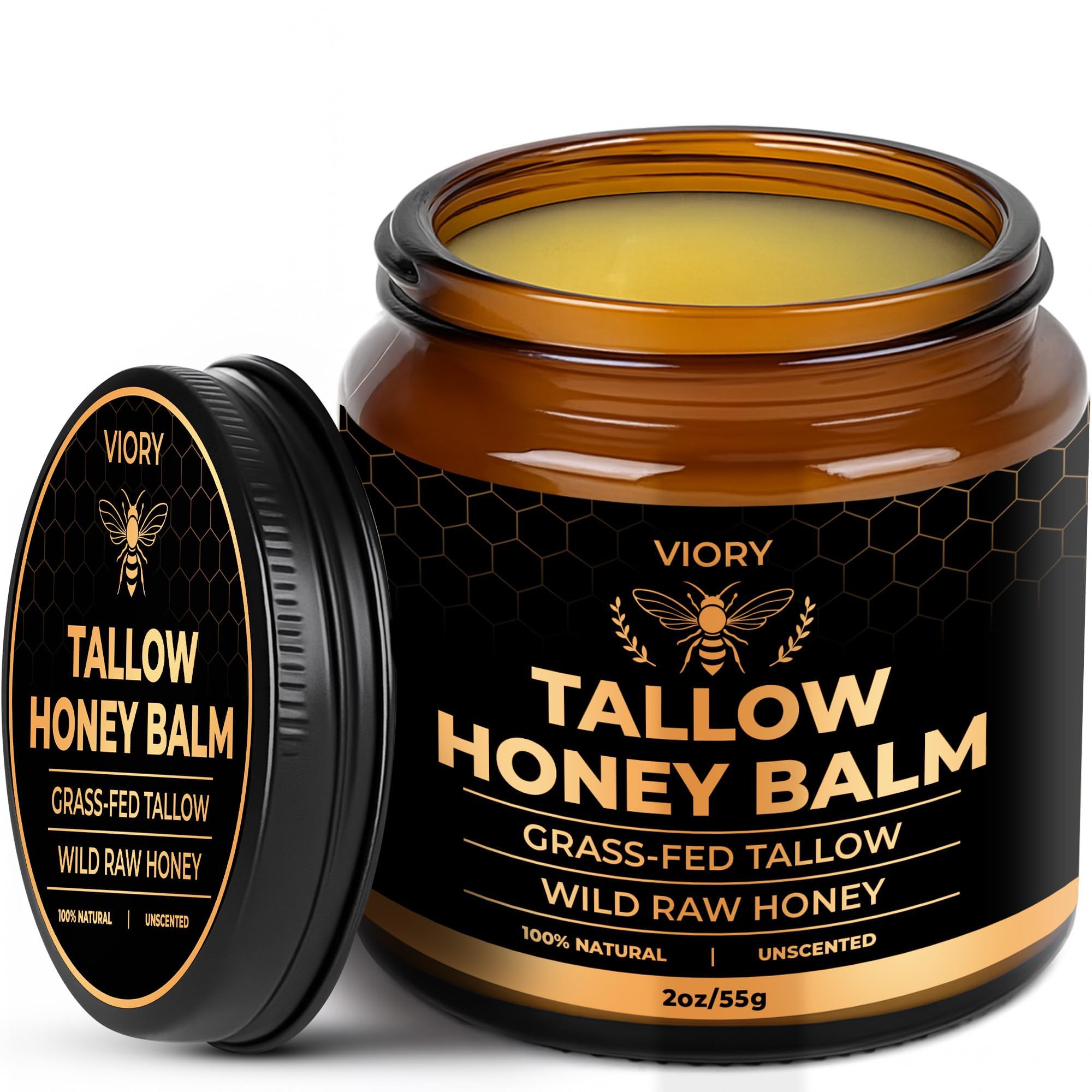 VIORY Tallow and Honey Balm for Face, Beef Tallow for Skin, Moisturizer with 100% Organic Grass-Fed Beef Tallow & Raw Wild Honey - Natural Formula for