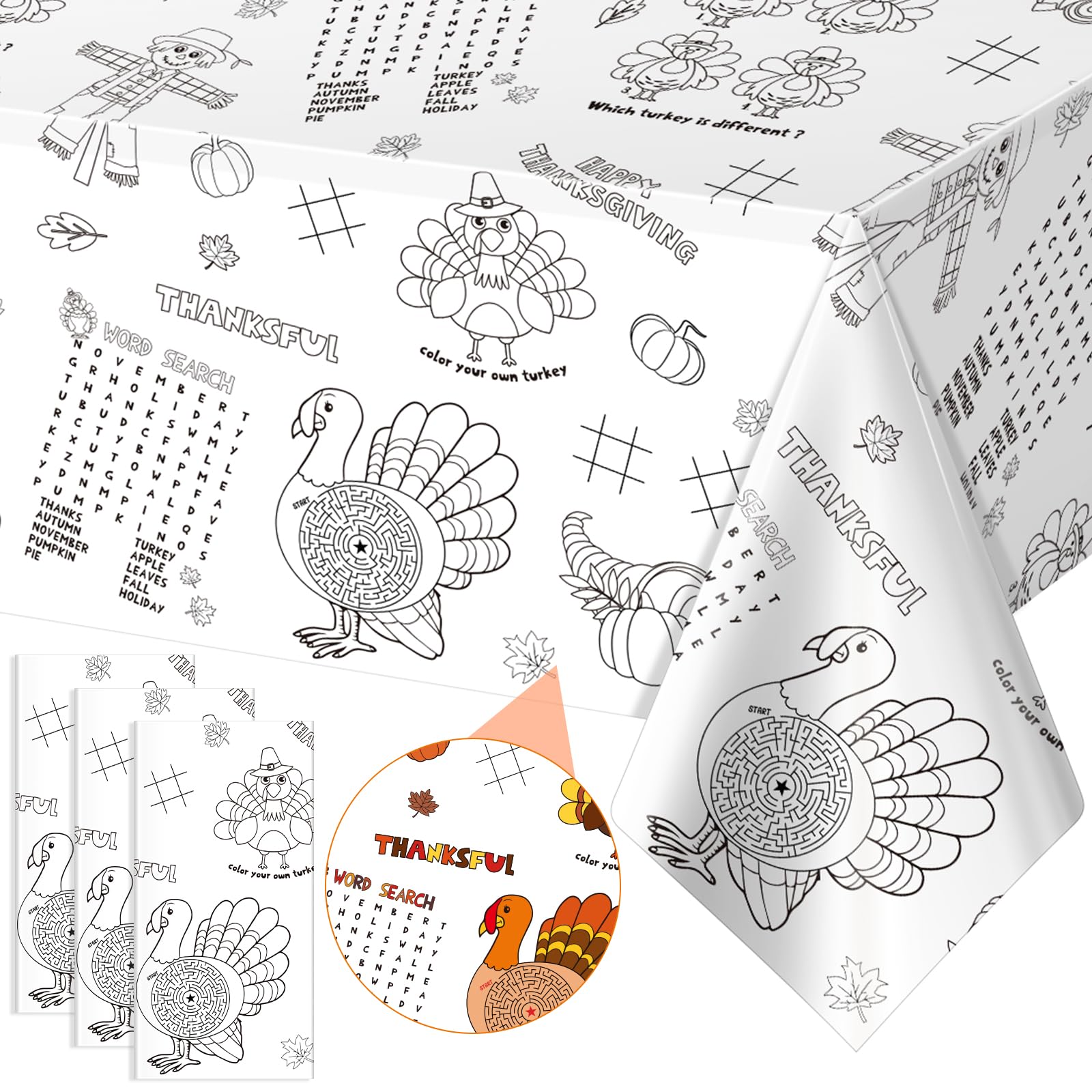 FunnyPars 3 Pack Fall Thanksgiving Coloring Tablecloth for Kids, Disposable Turkey Pumpkin Color-in Paper Table Cover, Fall Thanksgiving Activity for