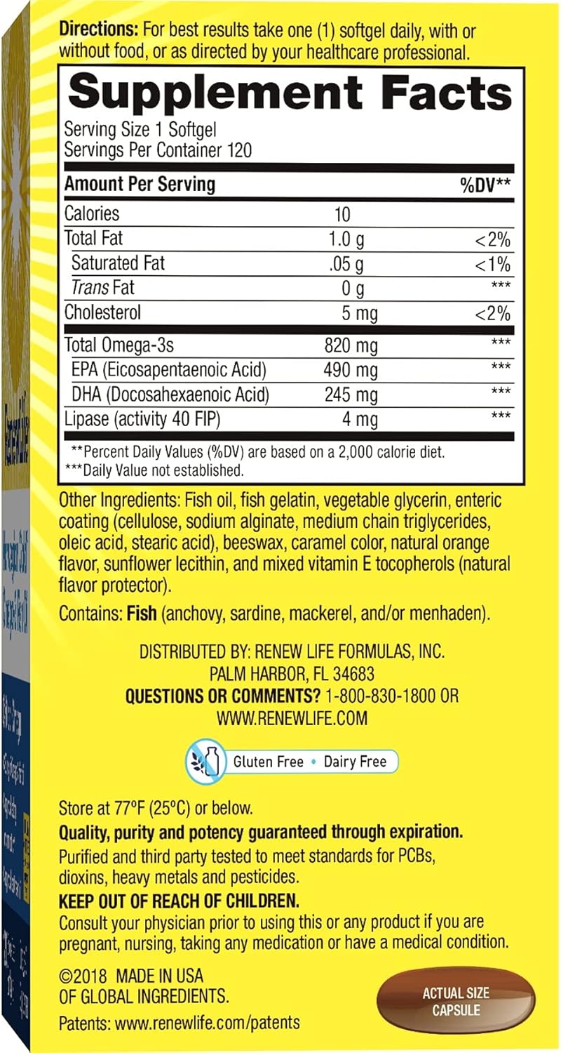 Renew Life® Norwegian Gold® Adult Fish Oil - Critical Omega, Fish Oil Omega-3 Supplement - Gluten & Dairy Free - 120 Burp-Free Softgel Capsules : Health & Household