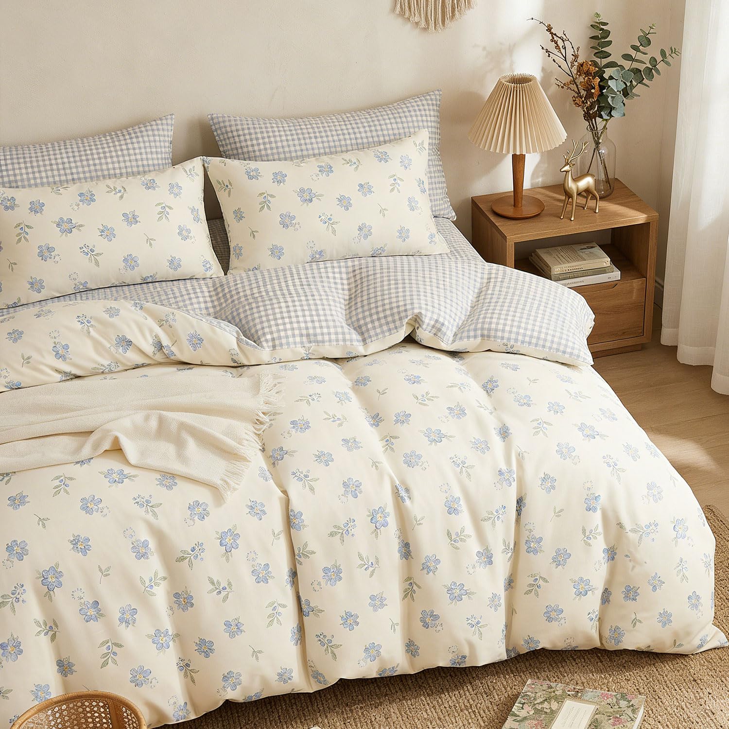Sedefen Housse de Couette 240x260 Motif Feuilles + 2 Taies d'oreiller 65x65 cm,Vichy Bleu Beige Fleur Parure de lit Adulte 2 Personnes Linge de Lit en Microfibre avec Fermeture Éclair