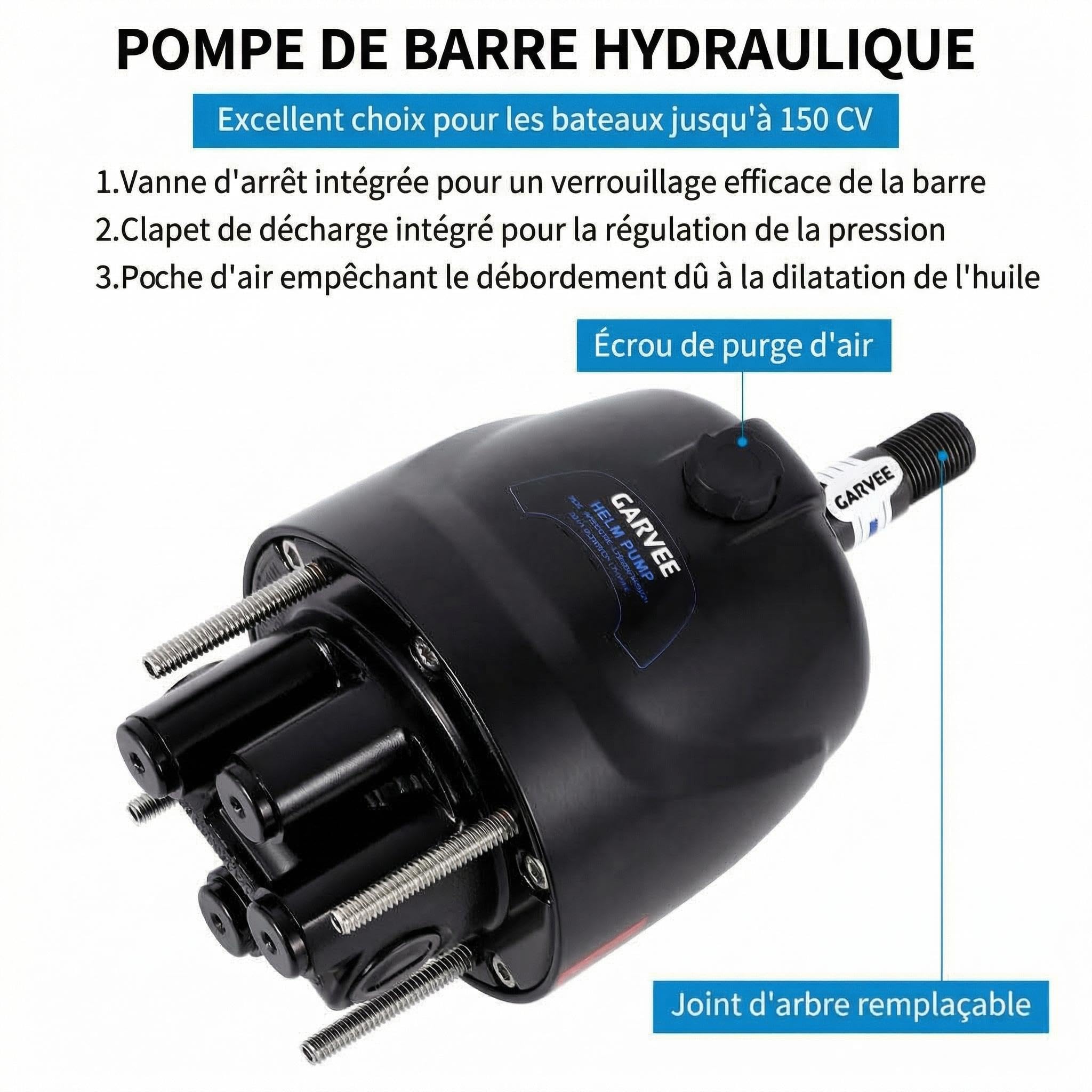 Garvee Kit de direction hydraulique supérieur pour bateau – 150CV, système bidirectionnel, volant inclus 13,5 Pouces, tuyaux nylon 2x26 Pied, aluminium marin