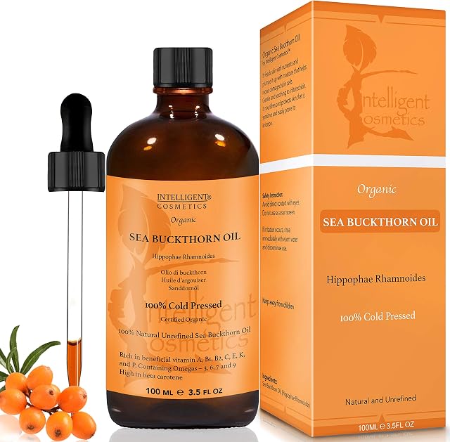 SEA BUCKTHORN OIL 100ML, 100% Cold Pressed Organic, Unrefined, Pure & Natural, Repairs Damaged Skin, Calms Irritated Skin, Heals Rosacea Supplied in Glass Amber Bottle with Pipette