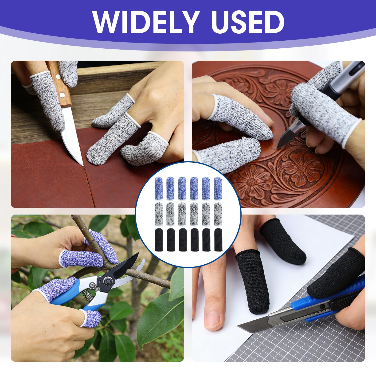 18 Pièces Protège-Doigts Anti-Coupure, Doigtier Réutilisable Respirants et Résistants, Doigtier Antidérapant pour Jardin Cuisine Sculpture et Créations DIY (Noir, Bleu, Gris)